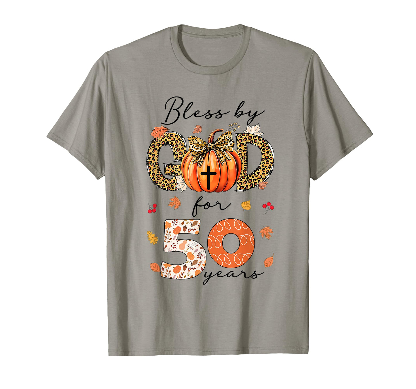 Blessed By God For 50 Years Old Woman Leopard Bow Pumpkin T-Shirt