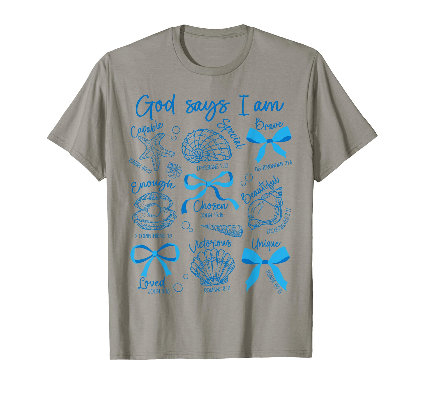 God Says I Am Seashell Starfish Ocean Coquette Bow Christian T-Shirt