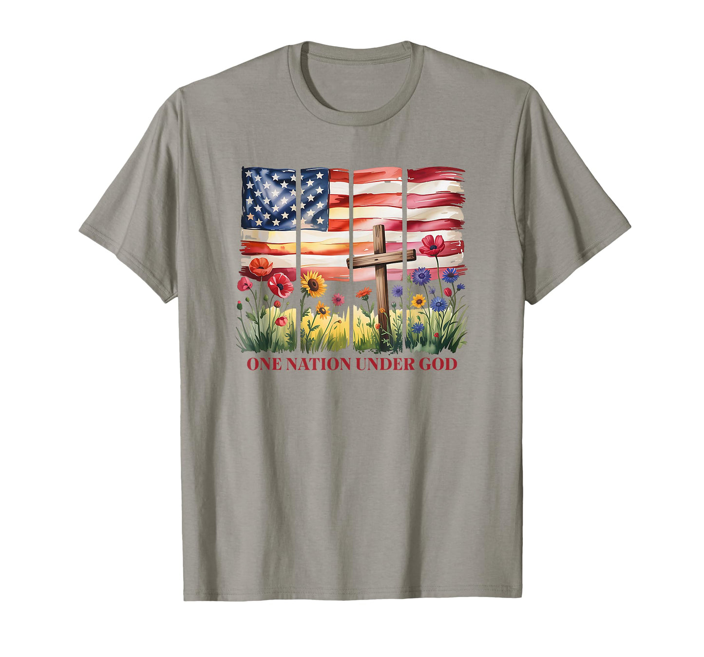 One Nation Under God American Flag Cross & Wildflower T-Shirt