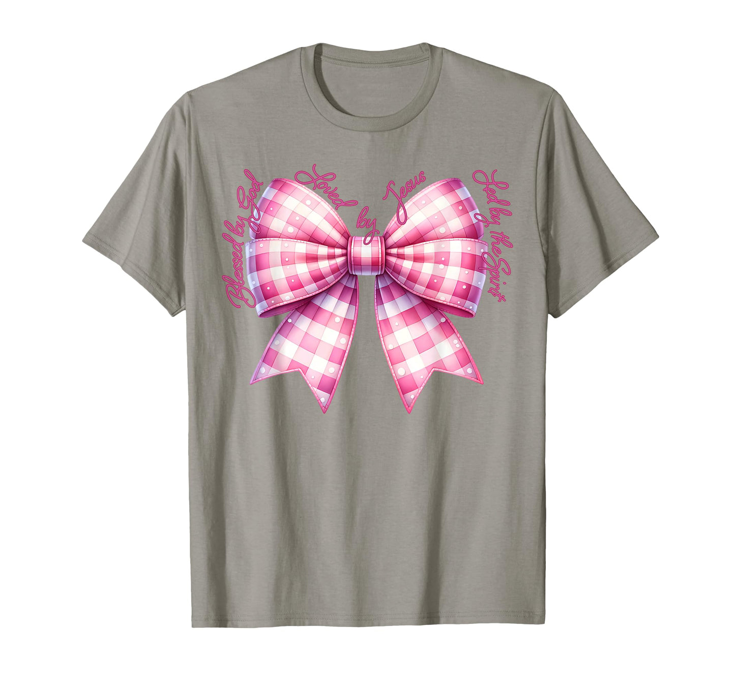 Blessed By God Loved By Jesus Pink Gingham Coquette Bow T-Shirt