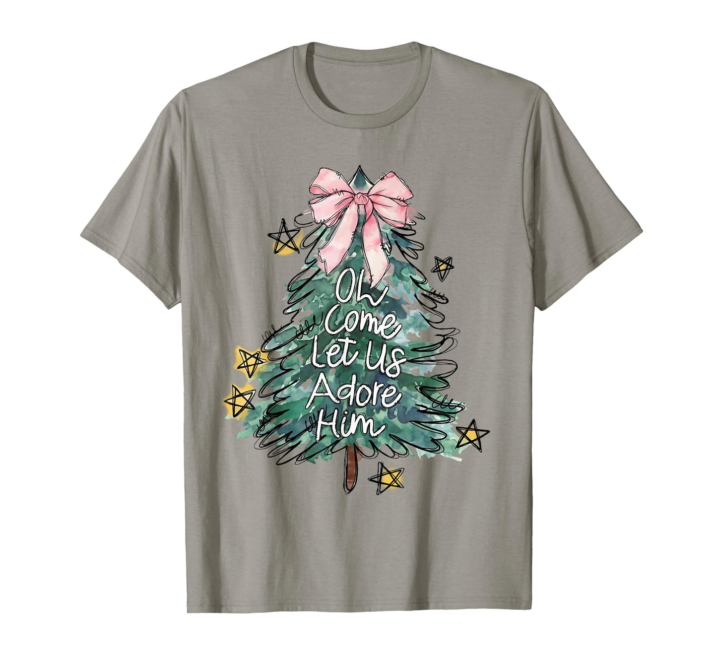 Oh Come Let Us Adore Him Christmas Xmas Tree Christian Jesus T-Shirt