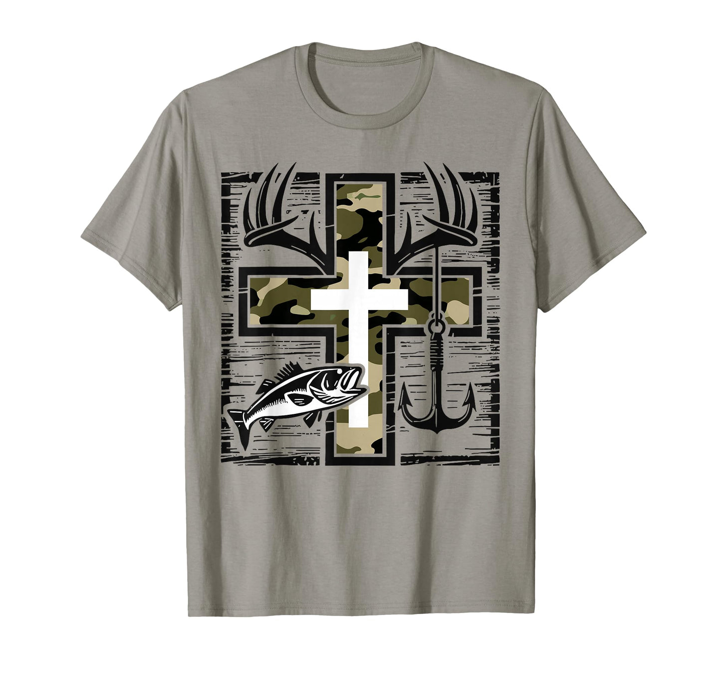 Faith Fishing Hunting Camo Cross with Hook Bass Christian T-Shirt