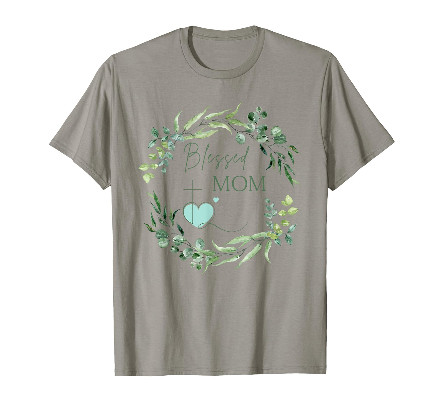 Blessed Mom with Cross and Heart Floral Wreath Christian T-Shirt