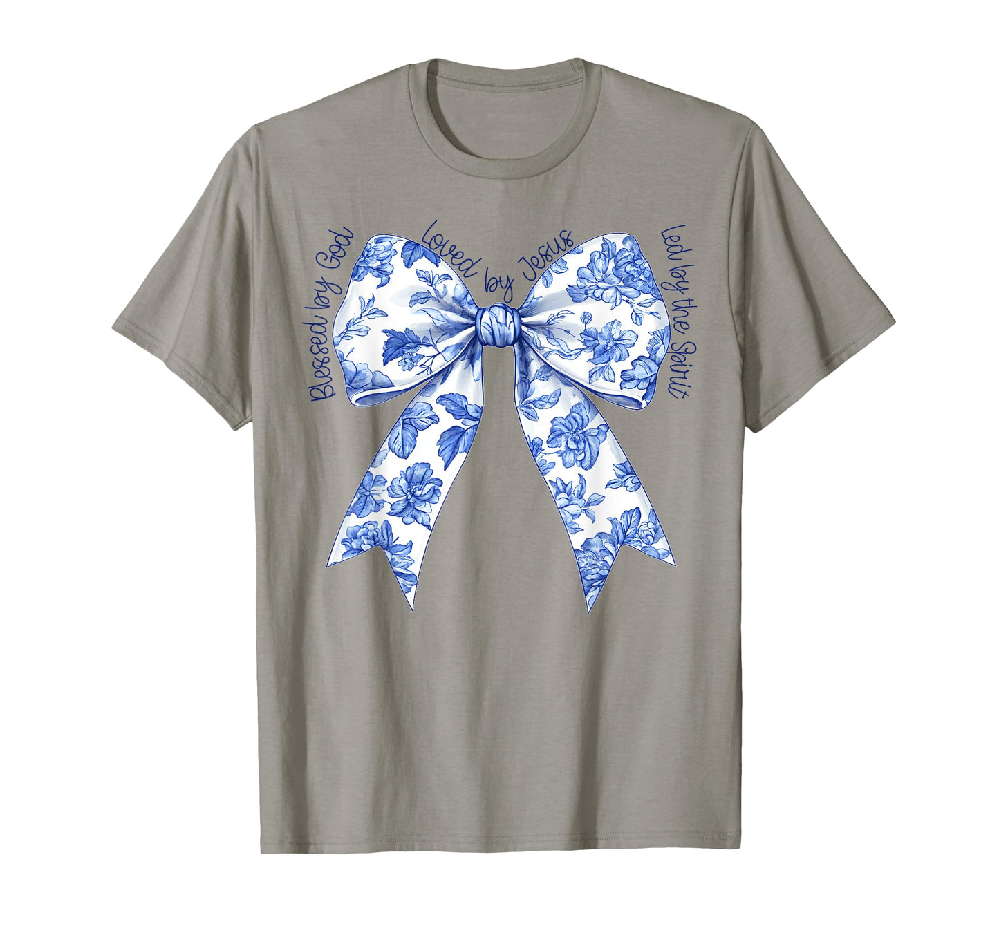 Blessed By God Loved By Jesus Blue Toile Coquette Bow T-Shirt