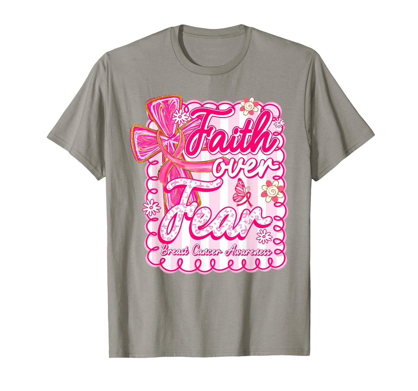 Faith Over Fear Coquette Bow Plaid Breast Cancer Awareness T-Shirt