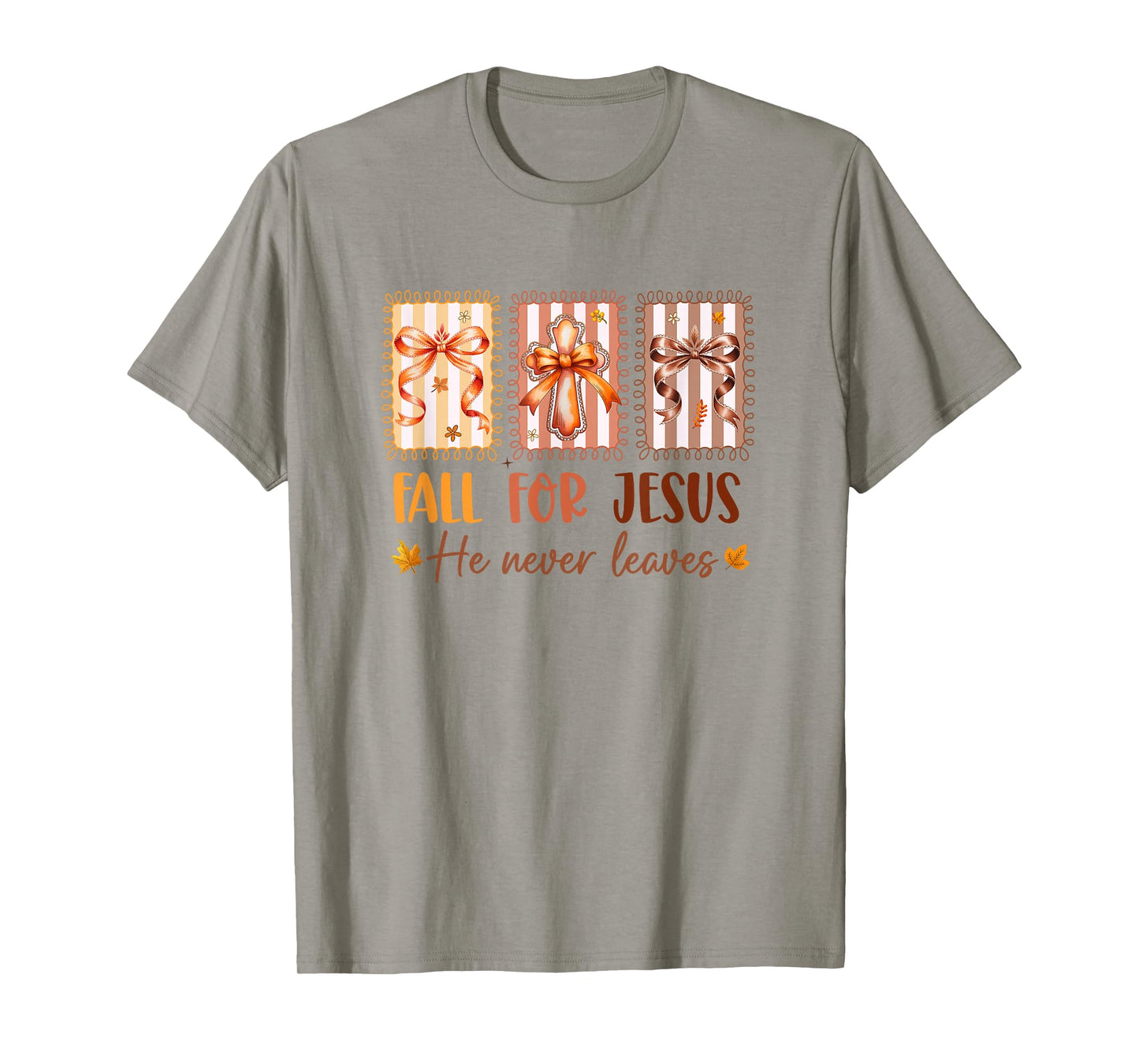 Coquette Bow Cross Fall for Jesus He Never Leaves Christian T-Shirt