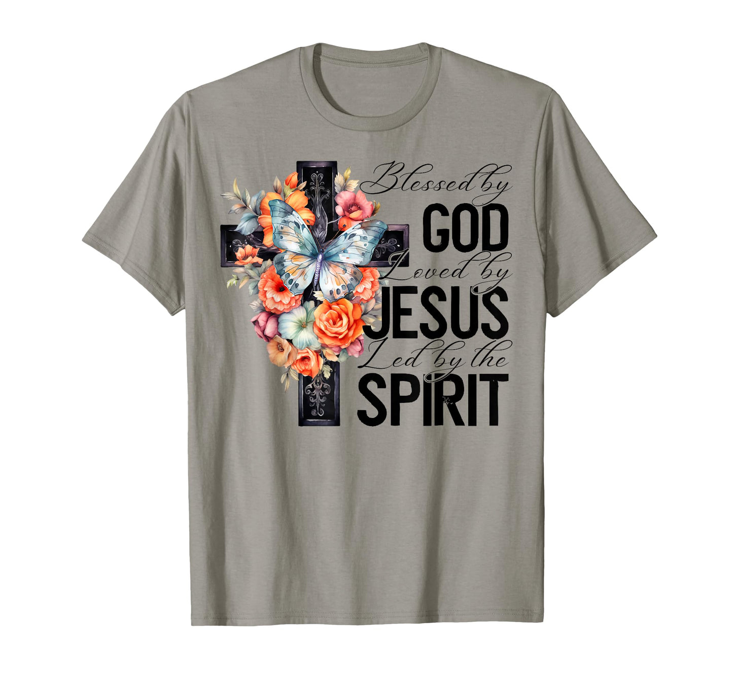 Blessed By God Loved By Jesus Floral Cross Faith Christian T-Shirt