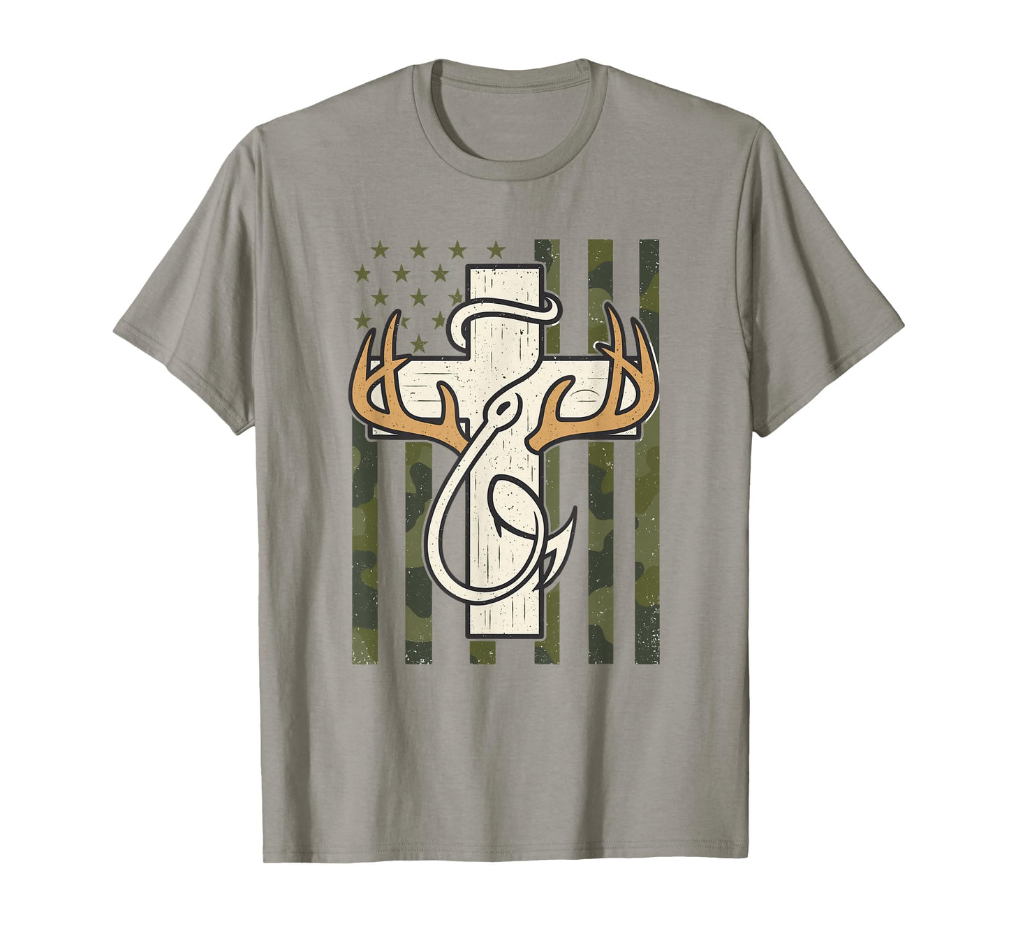 Cross Antlers Fishing Hook Camo Flag Christian Hunter T-Shirt