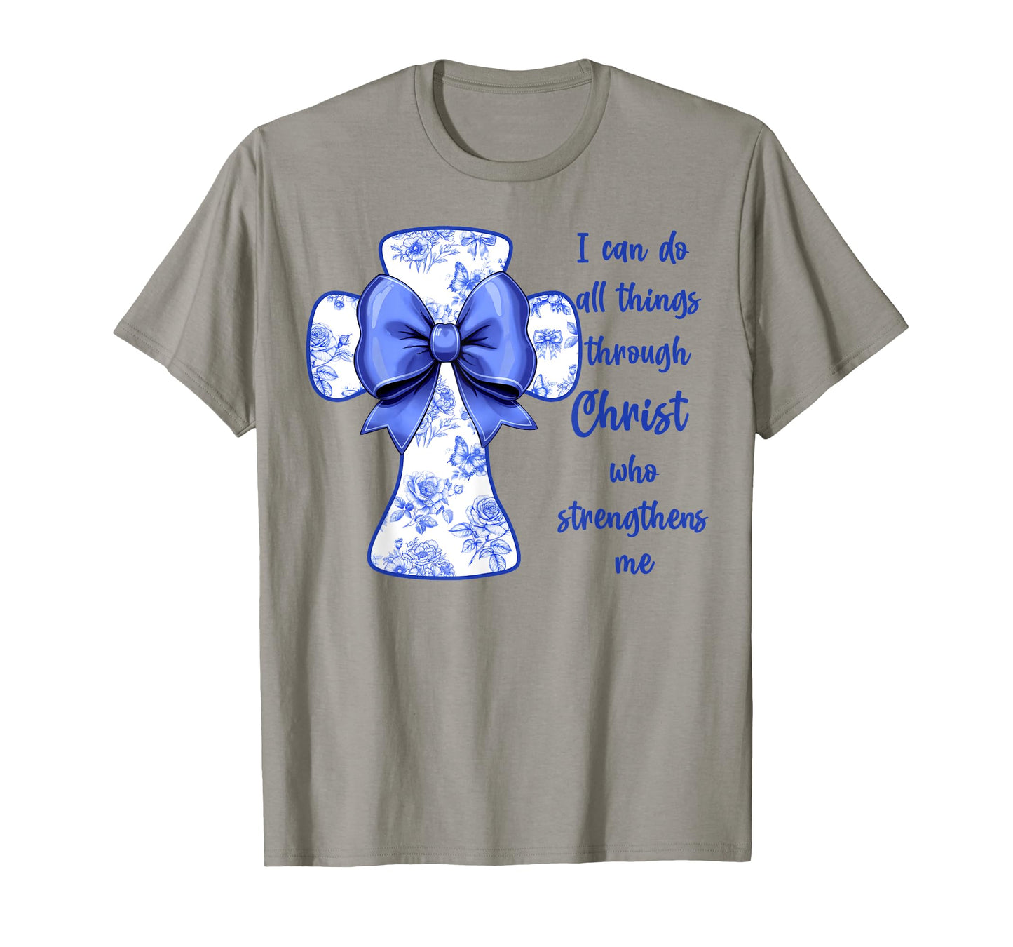 I Can Do All Things Through Christ Blue Toile Cross And Bow T-Shirt