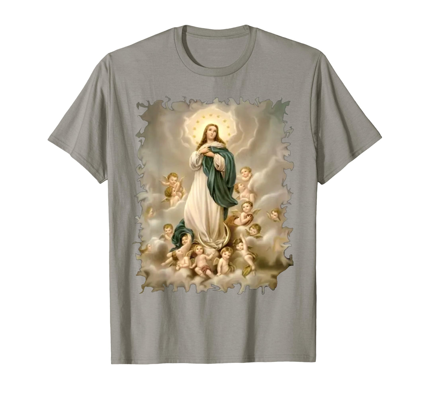 Blessed Virgin Mary and Cute Angels Pattern in Heaven Scene T-Shirt
