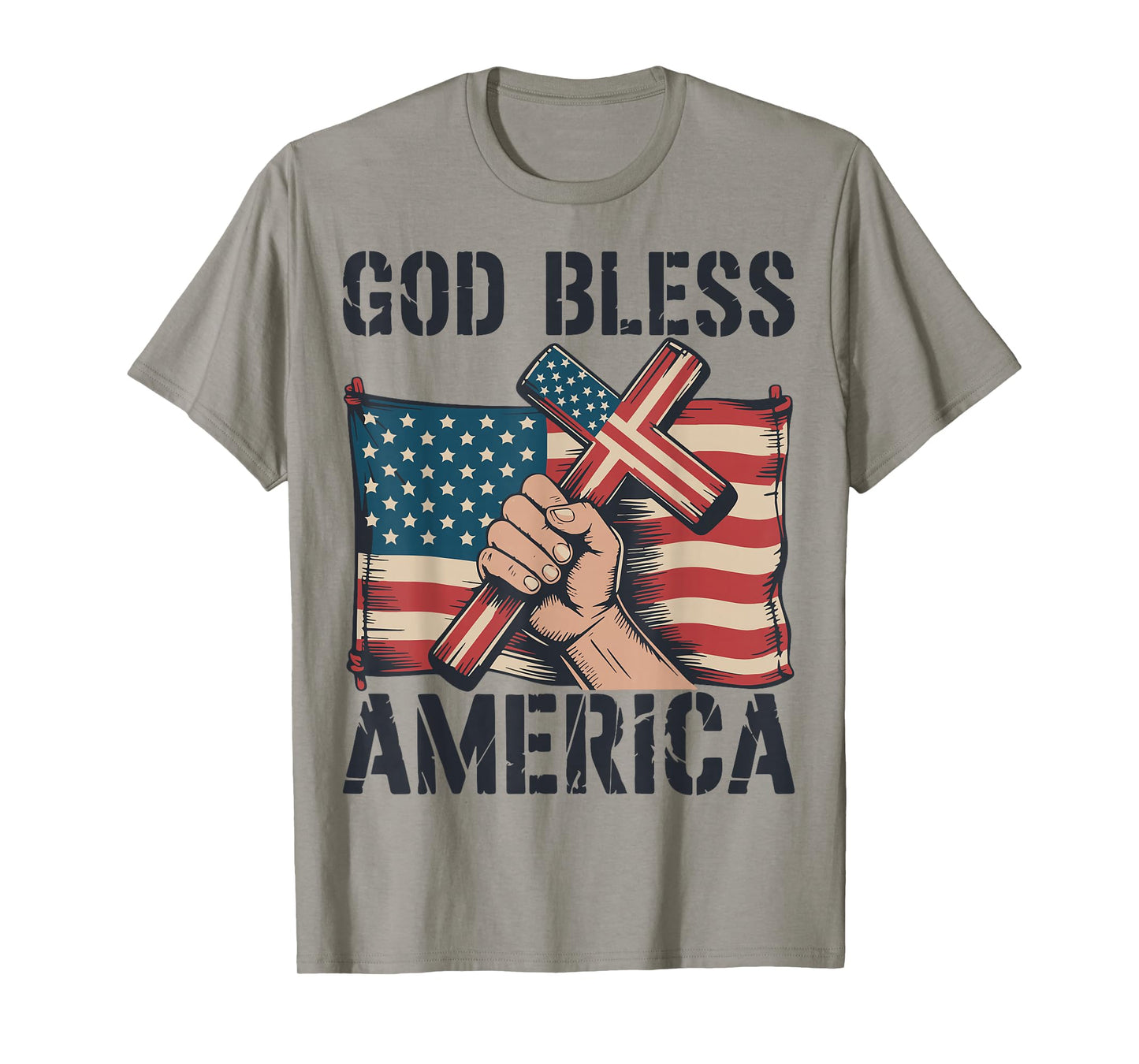 Mens God Bless American Flag Christian Patriotic Cross Jesus T-Shirt