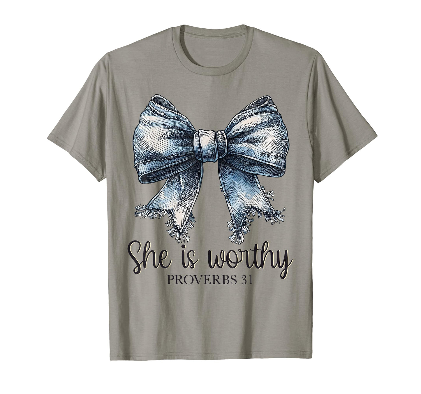 Denim She is Worthy Bow Proverbs Coquette Christian Women's T-Shirt