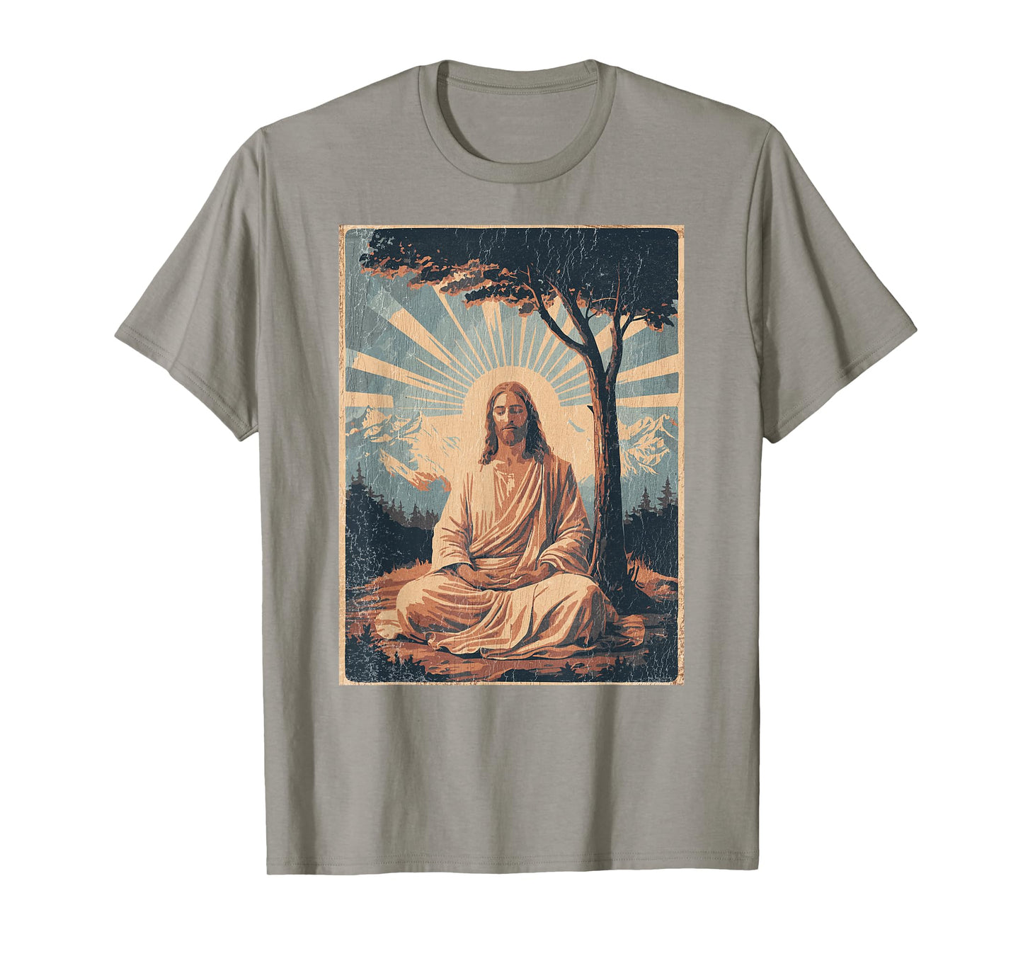 Jesus Meditating Under Tree, Mountains - Retro Faded Print T-Shirt