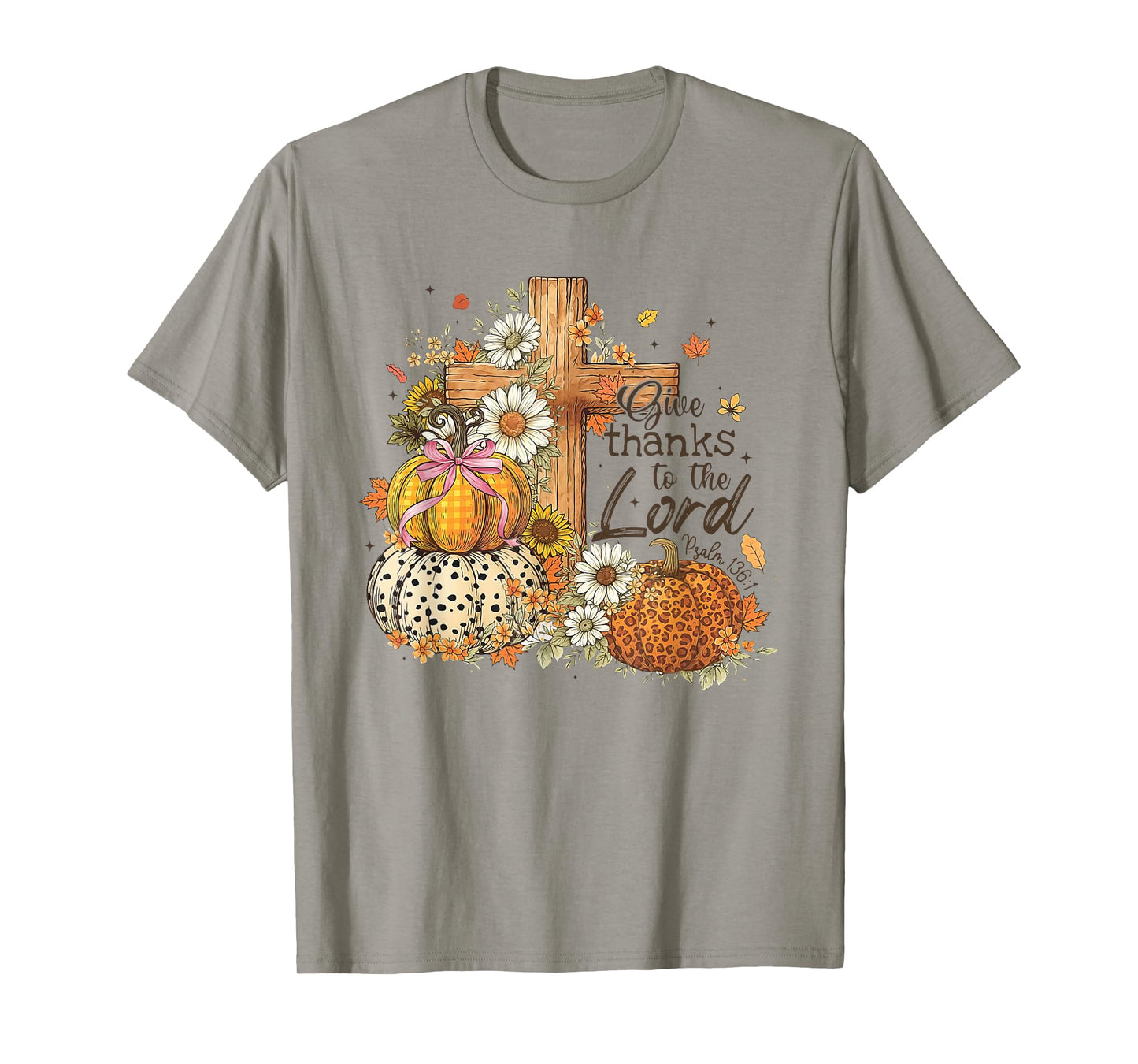Give Thanks to The Lord Cross Pumpkin Bow Autumn Fall Flower T-Shirt