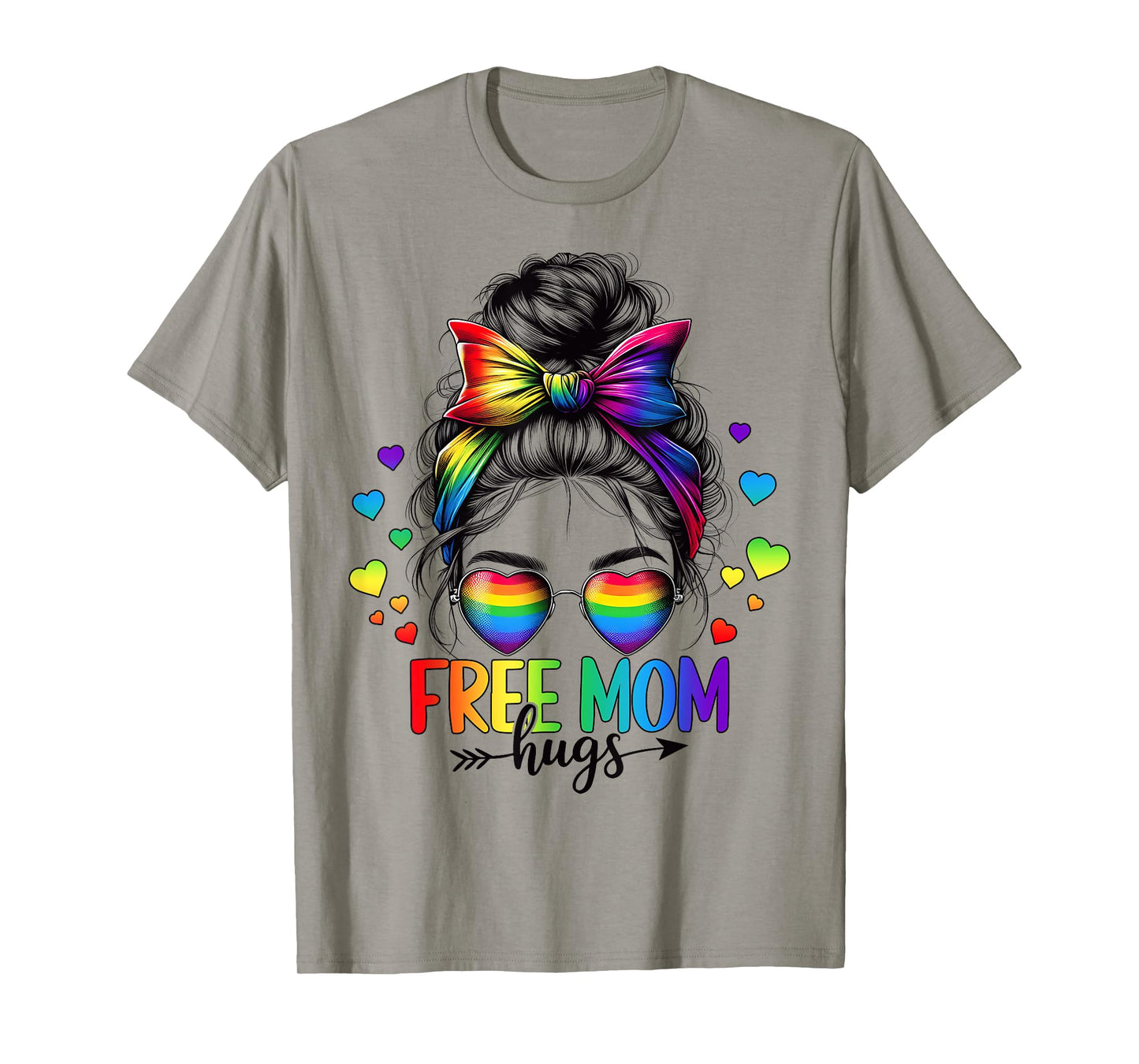 Free Mom Hugs LGBT Flag Messy Bun Trans Gay Pride Rainbow T-Shirt
