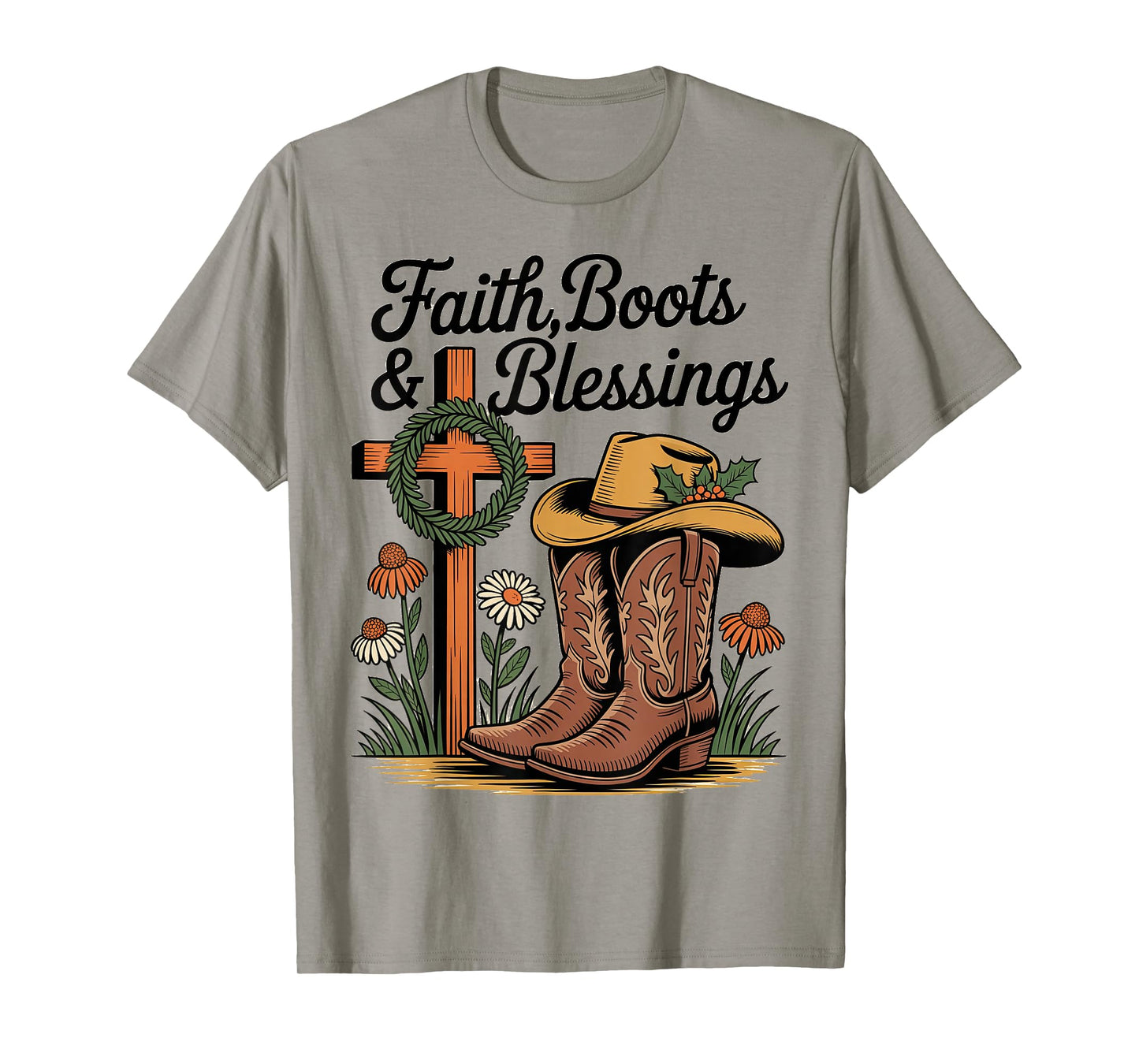 Faith Boots and Blessings Woodcut Rustic Retro Christmas T-Shirt