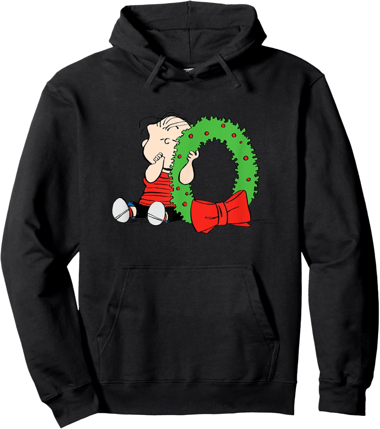 Peanuts Linus Christmas Wreath -All Ages Blue Small Hoodie - Hoodie | Black
