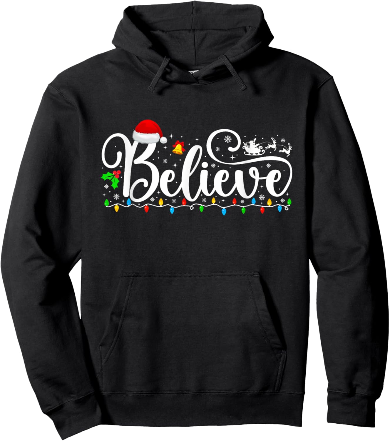Christmas Believe Lights Santa Claus Xmas Men Women Kids Hoodie - Hoodie | Black