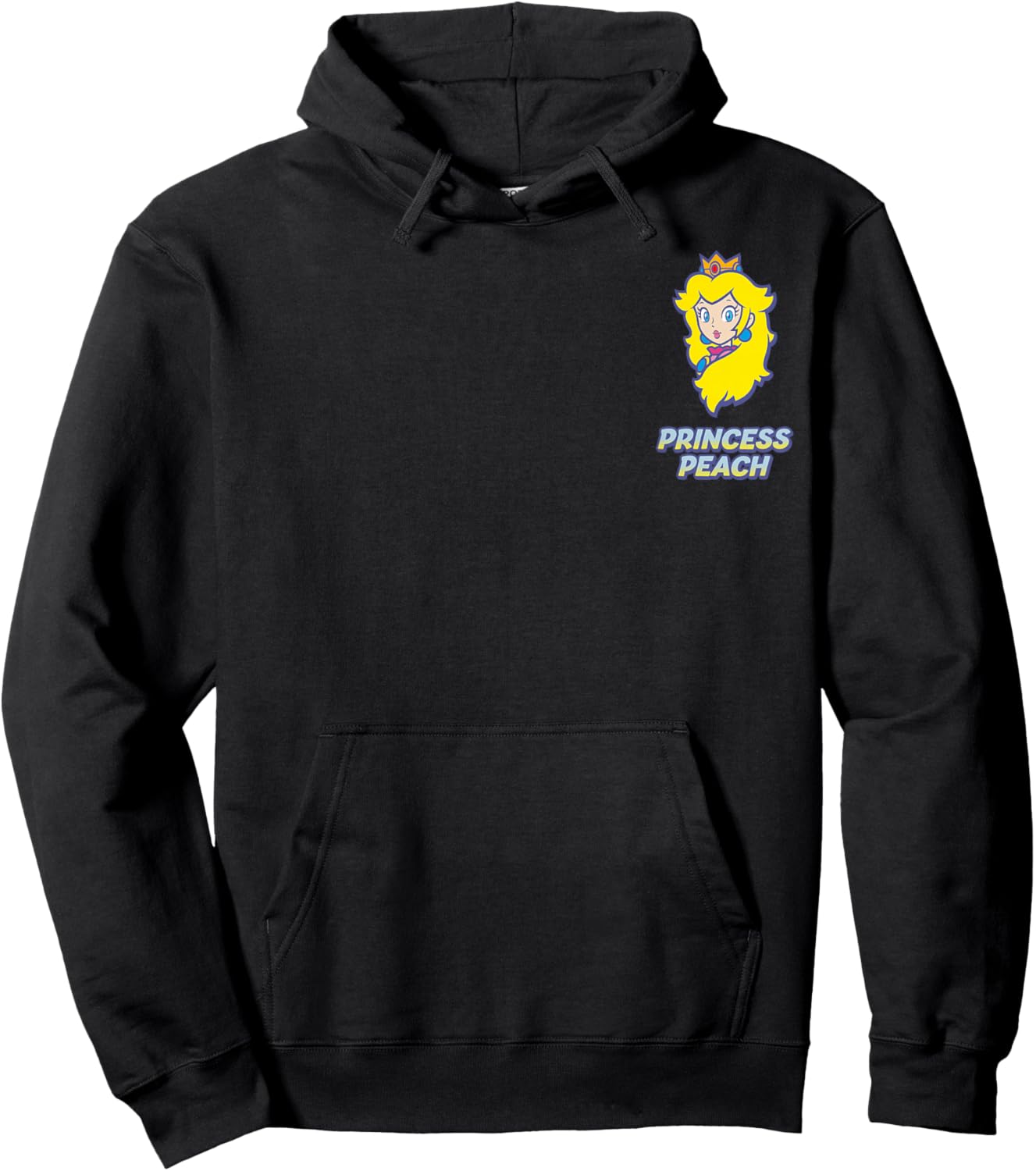 Super Mario Princess Peach Classic Blue Text Faux Pocket Hoodie - Hoodie | Black