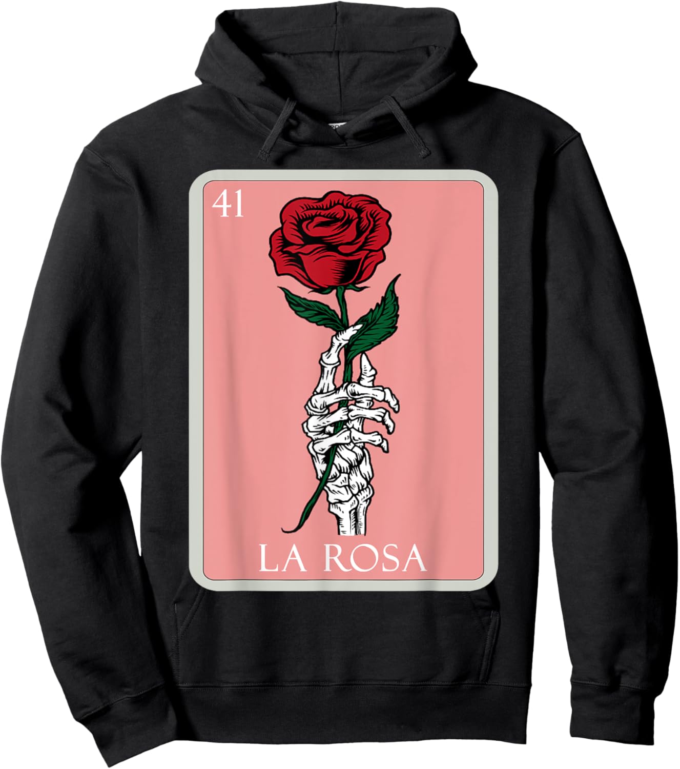 La Rosa Skeleton Hand Red Rose Mexican Bingo Lottery Card Hoodie - Hoodie | Black