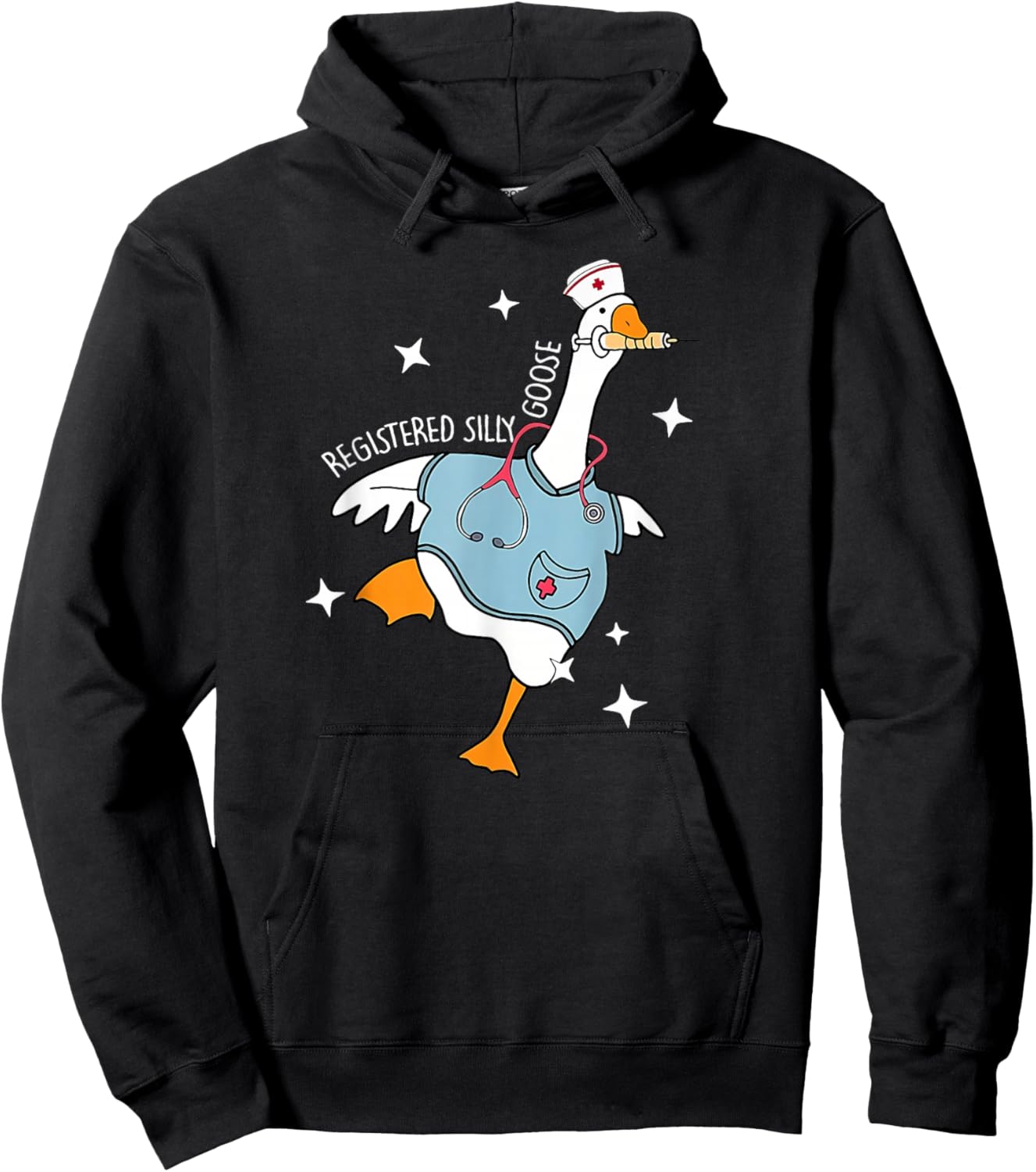 Nurse Silly Goose Pediatric Nurse Appreciation Black Cartoon Humor U-Neck Classic Fit Short Sleeve , Size Small, -Adult, Nurses, Nursing Students Hoodie - Hoodie | Black
