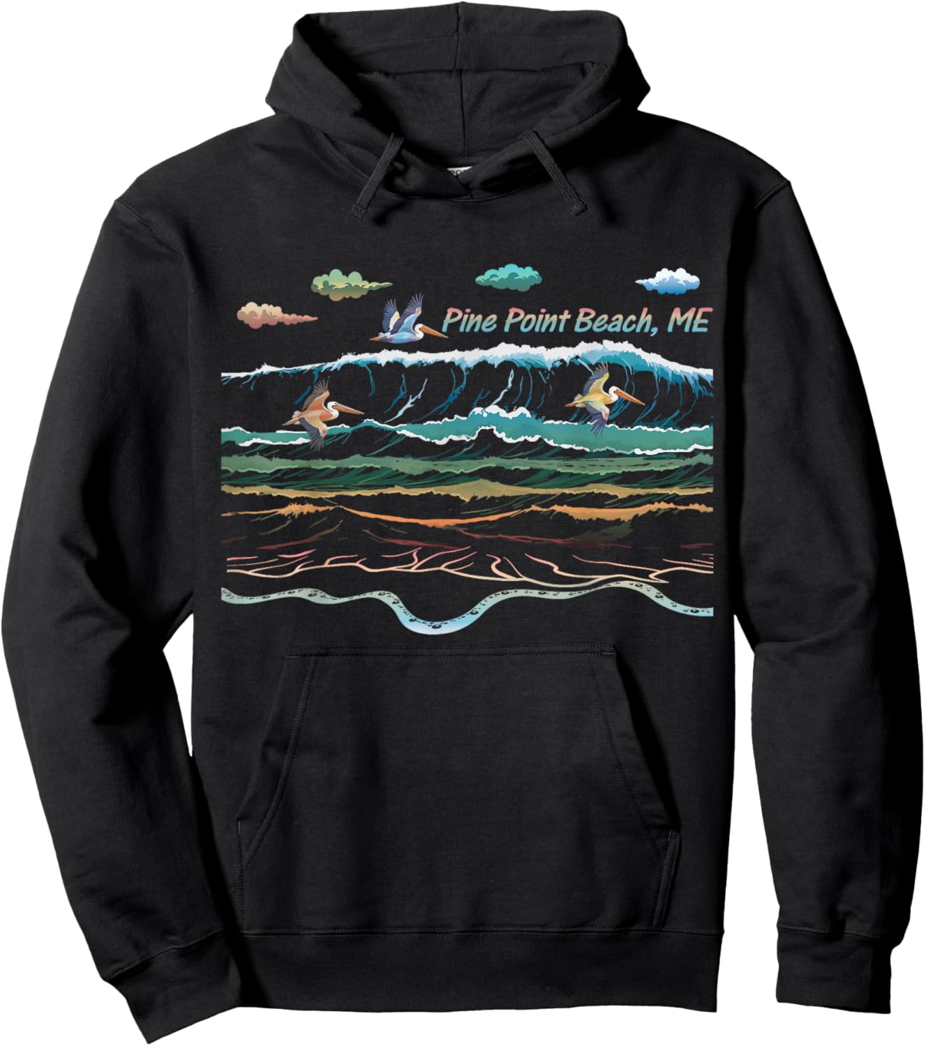Pine Point Beach ME Beach Maine Beach Waves Pelican Birding Hoodie - Hoodie | Black