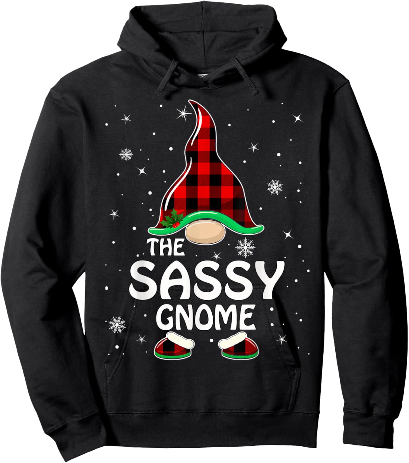 Sassy Gnome Buffalo Plaid Matching Family Christmas Pajama Hoodie - Hoodie | Black
