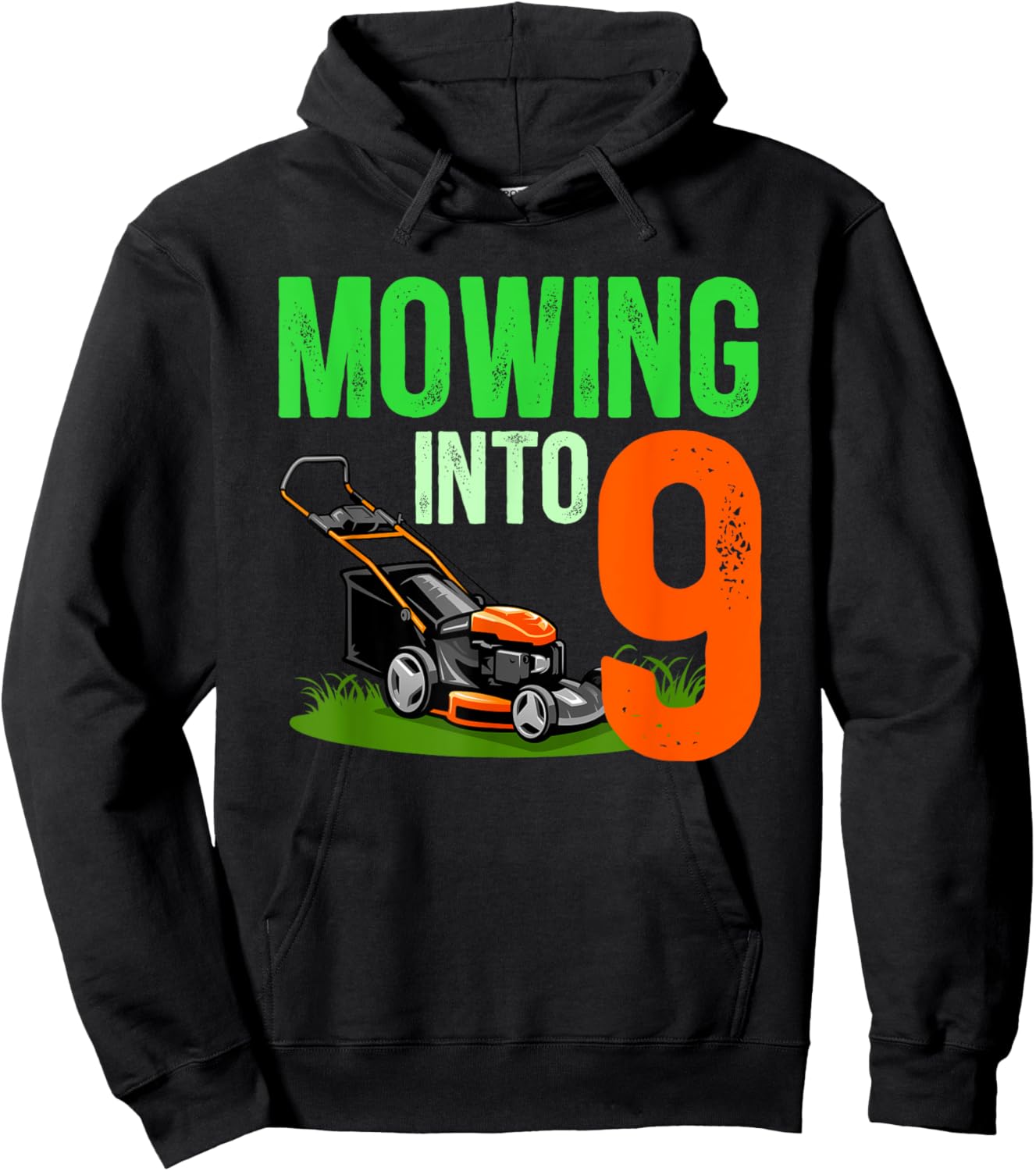 9th Birthday Party Lawn Mower 9 Year Old Lawn Mowing Boy Hoodie - Hoodie | Black