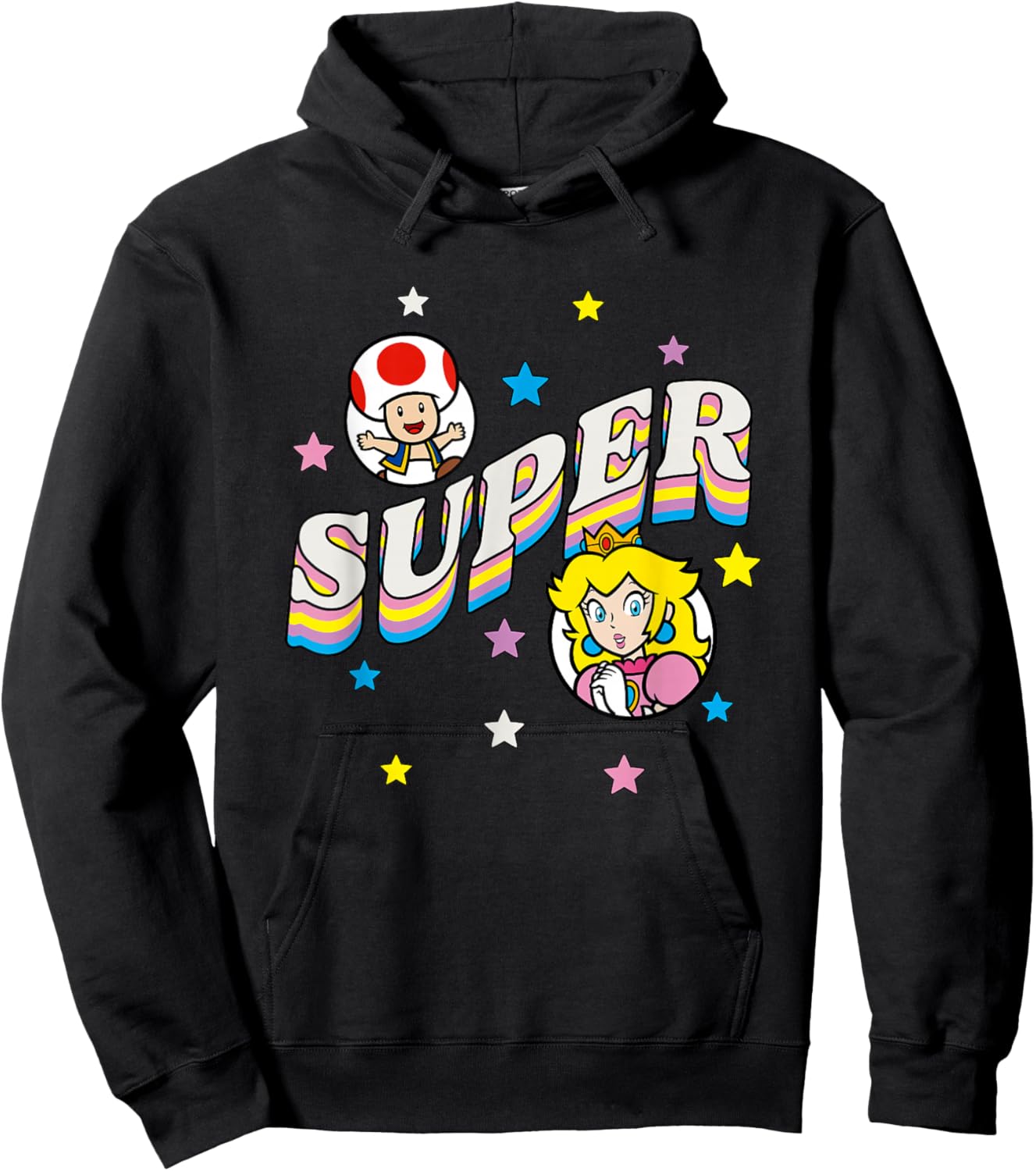 Super Mario Bros Princess Peach & Toad Super Star Text Hoodie - Hoodie | Black