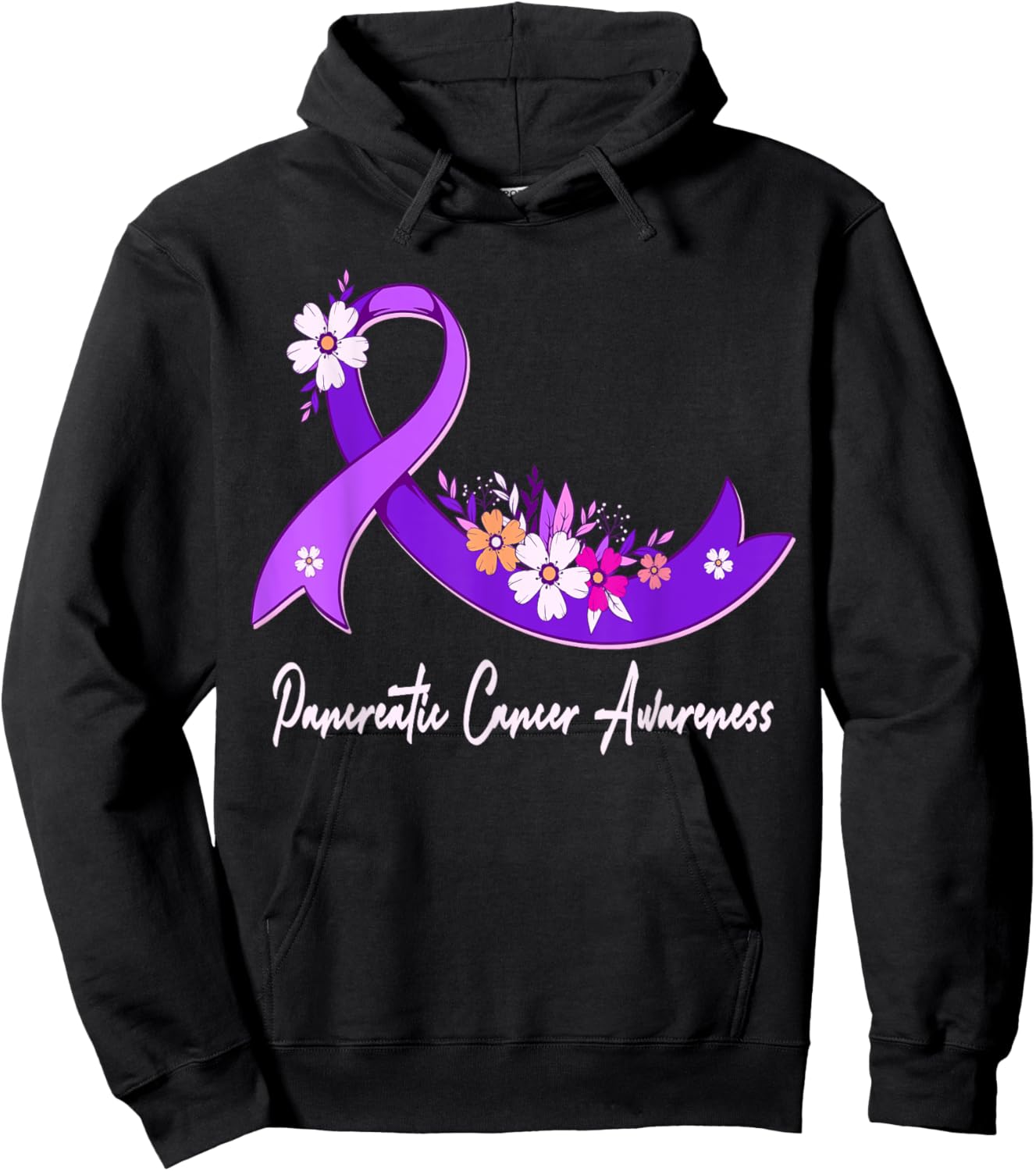 Pancreatic Cancer Awareness Floral Purple Ribbon Support Hoodie - Hoodie | Black