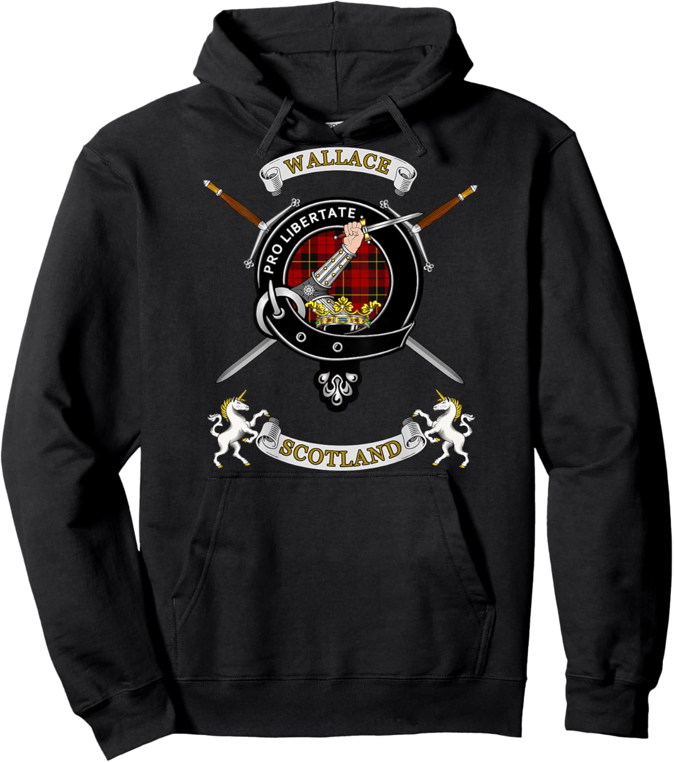 Wallace Clan Badge Tartan & Swords (back) Hoodie - Hoodie | Black