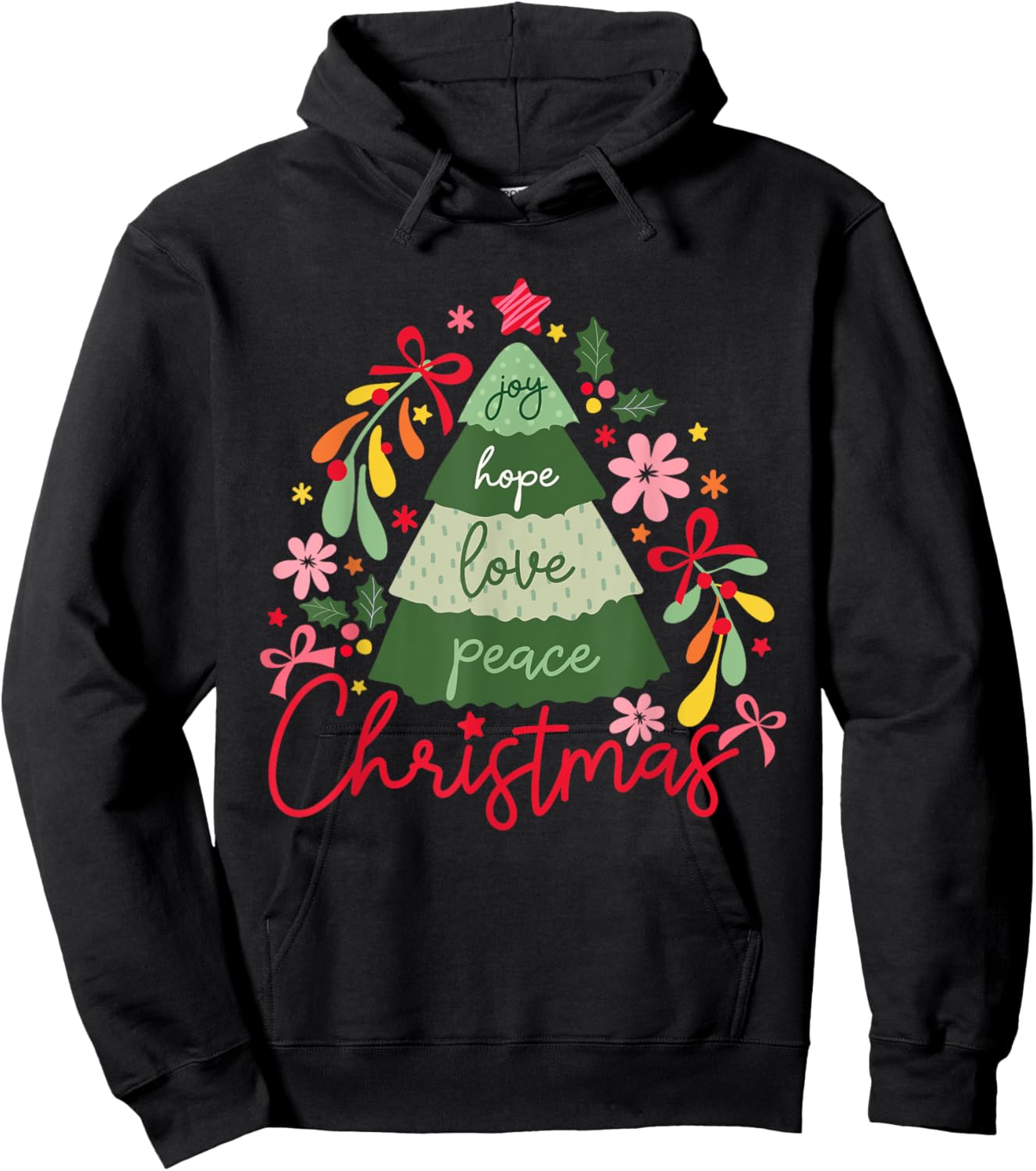 Joy Hope Love Peace Christmas Tree Pajama Outfits Holiday Hoodie - Hoodie | Black