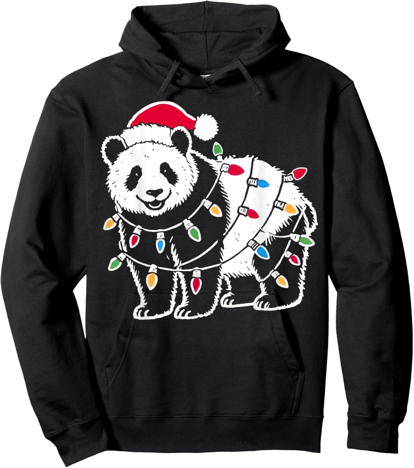 Christmas Lights Panda Wearing Xmas Hat - Cute Pandas Lover Hoodie - Hoodie | Black