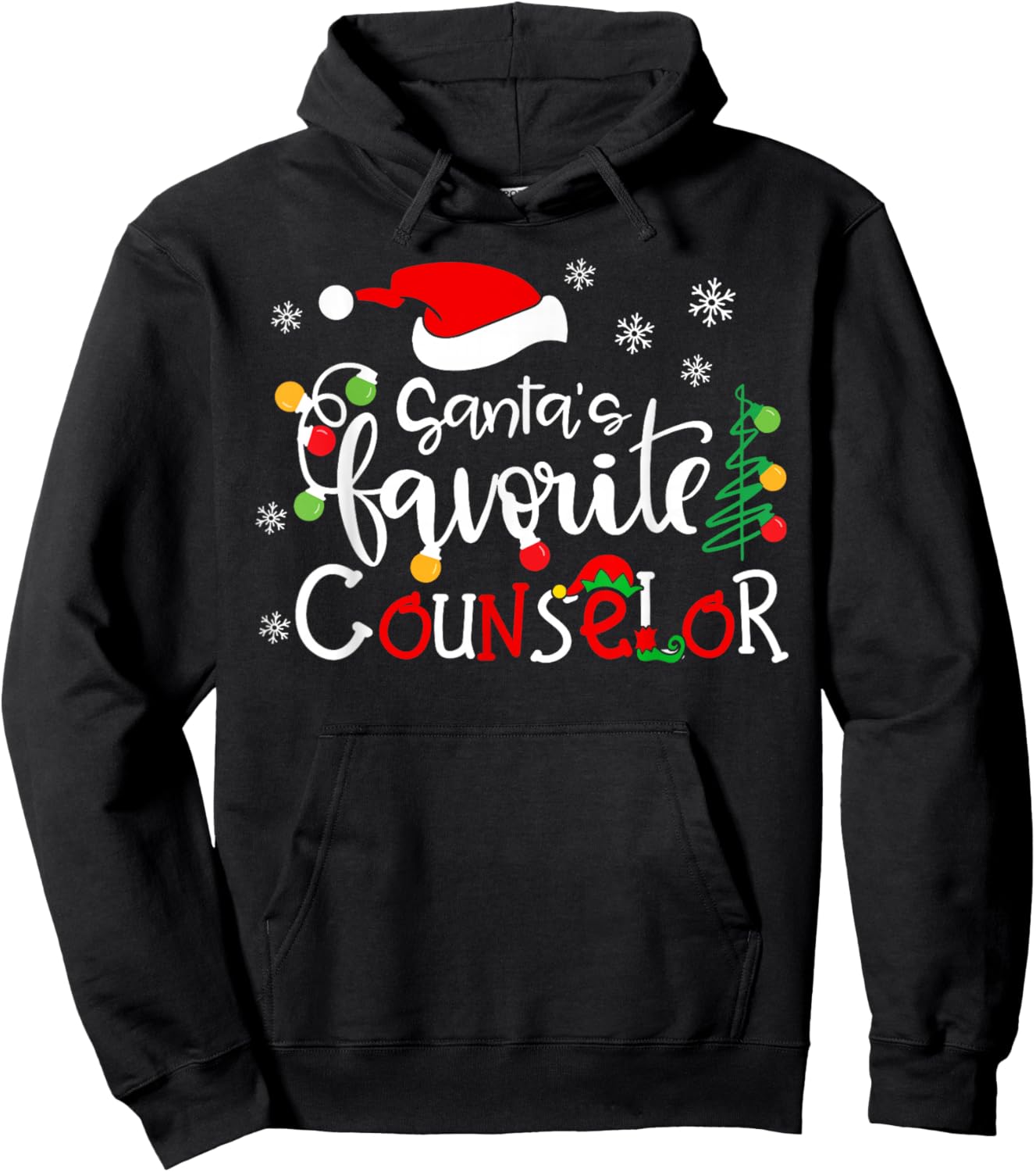 Santas Favorite Counselor Funny Christmas Santa Hat Lights Hoodie - Hoodie | Black