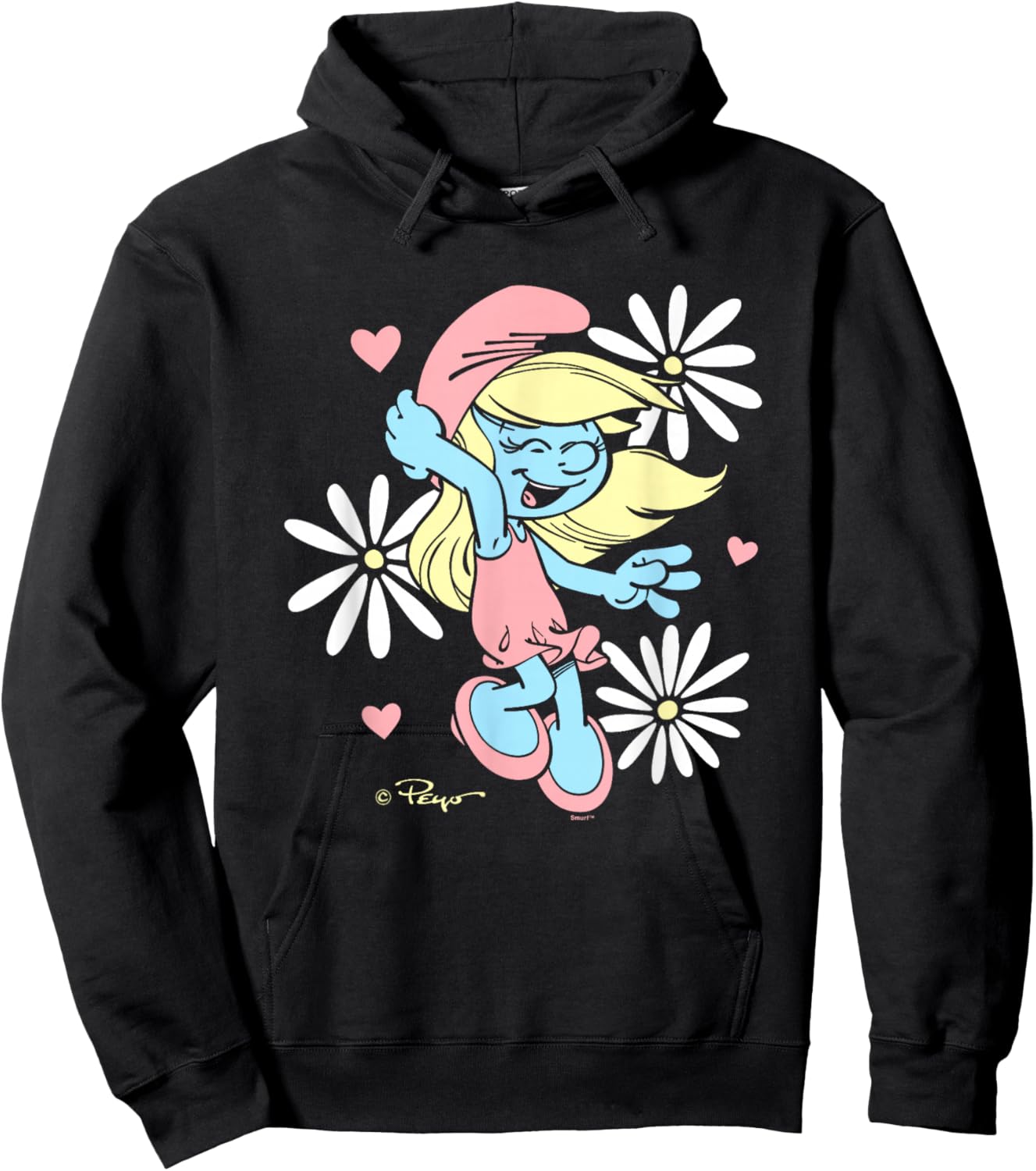 The Smurfs Cute Daisy Smurf Smurfette Retro Big Chest Logo Hoodie - Hoodie | Black