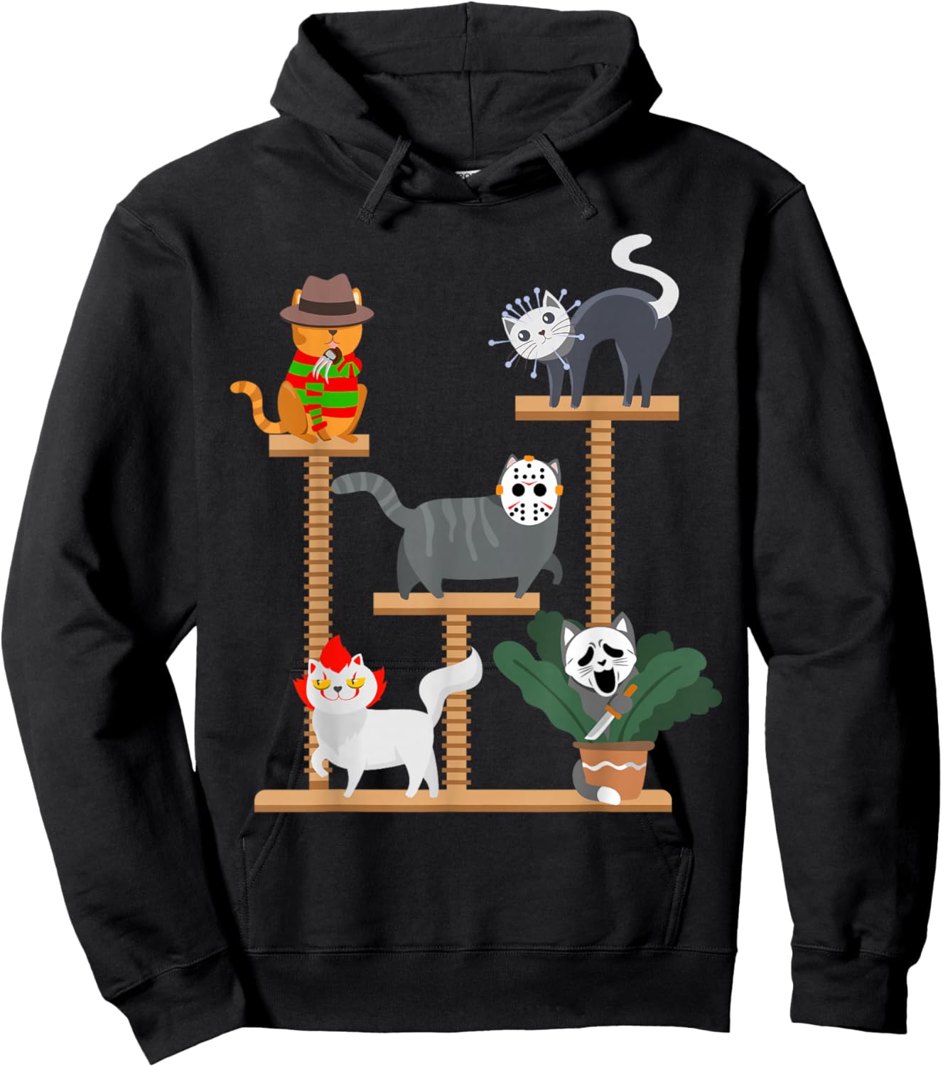 Horror Cat Playing on Tree Halloween Cat Lover Gift Hoodie - Hoodie | Black