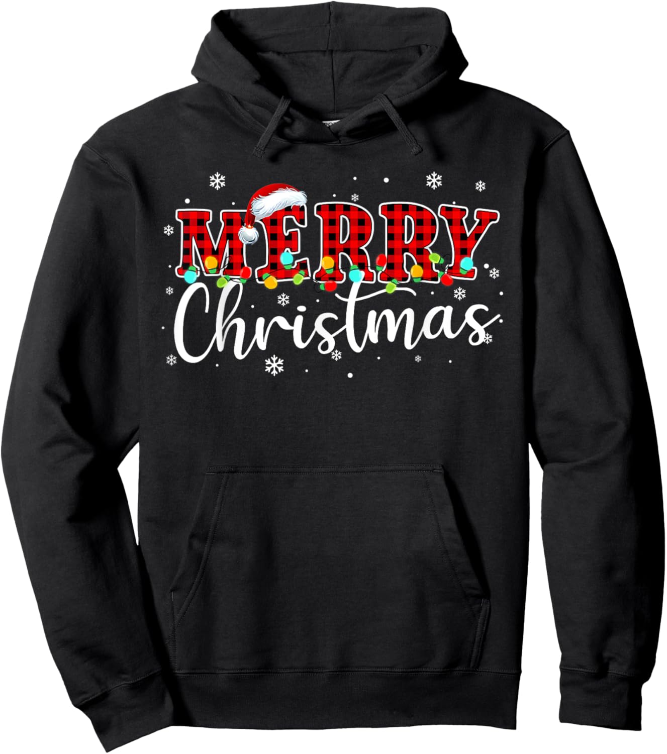Merry Christmas Buffalo Plaid Red Santa Hat Xmas Pajamas Hoodie - Hoodie | Black