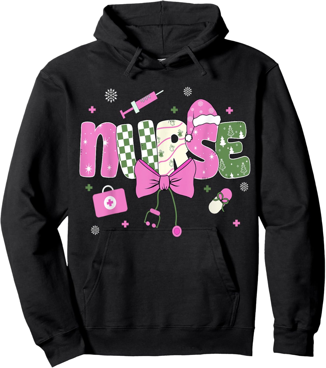 Nurse Christmas Santa Hat Stethoscope Nurses Xmas Pajamas Hoodie - Hoodie | Black
