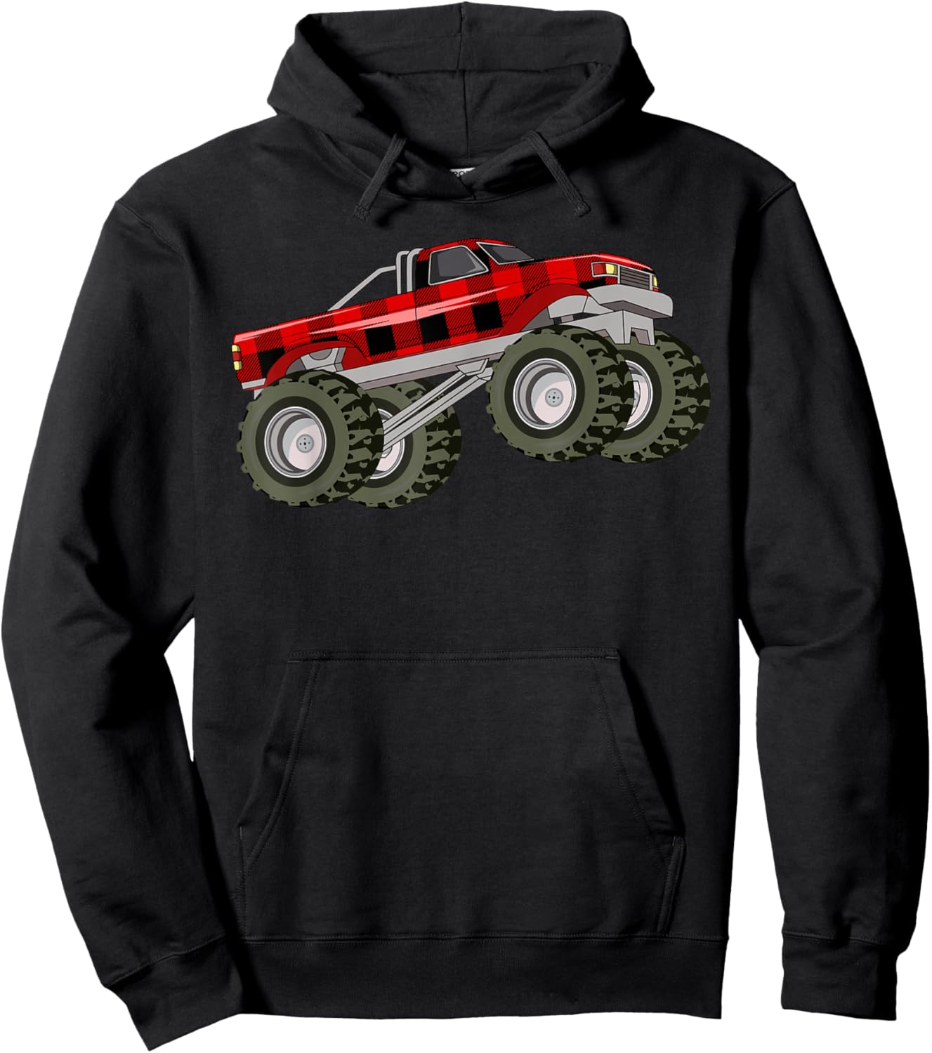 Buffalo Plaid Christmas Monster Truck Pajama Toddlers Youths Hoodie - Hoodie | Black