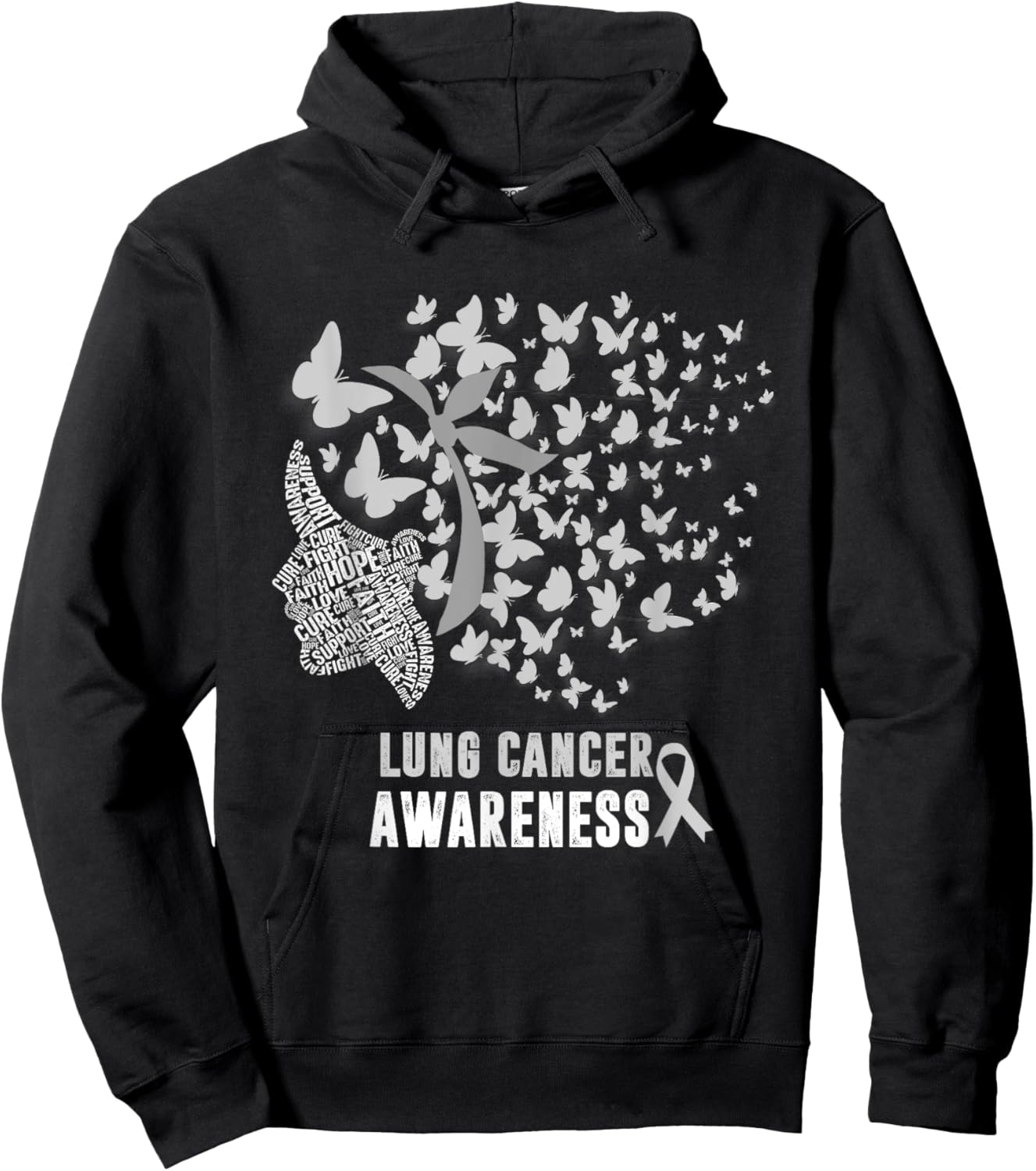 Lung Cancer Awareness Messy Butterfly White Ribbon Hoodie - Hoodie | Black
