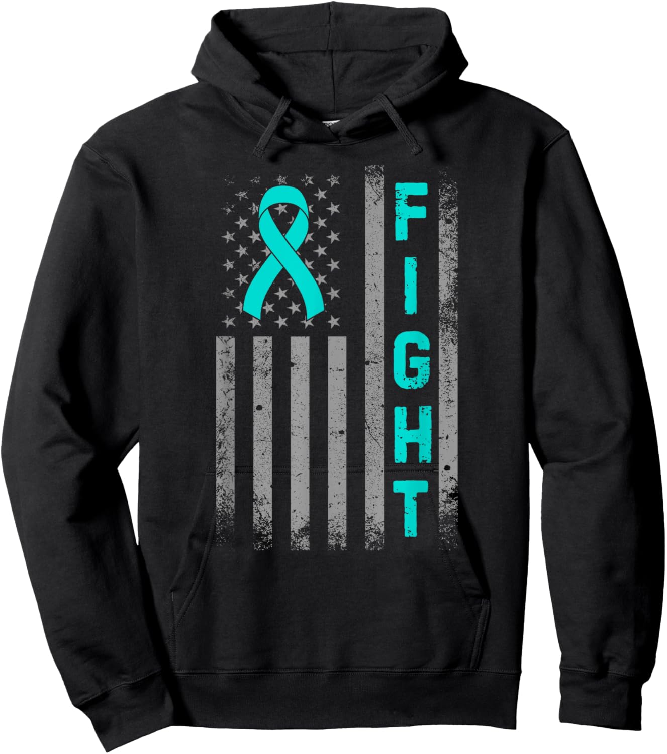 Fight Ovarian Cancer Awareness American US Flag Teal Ribbon Hoodie - Hoodie | Black