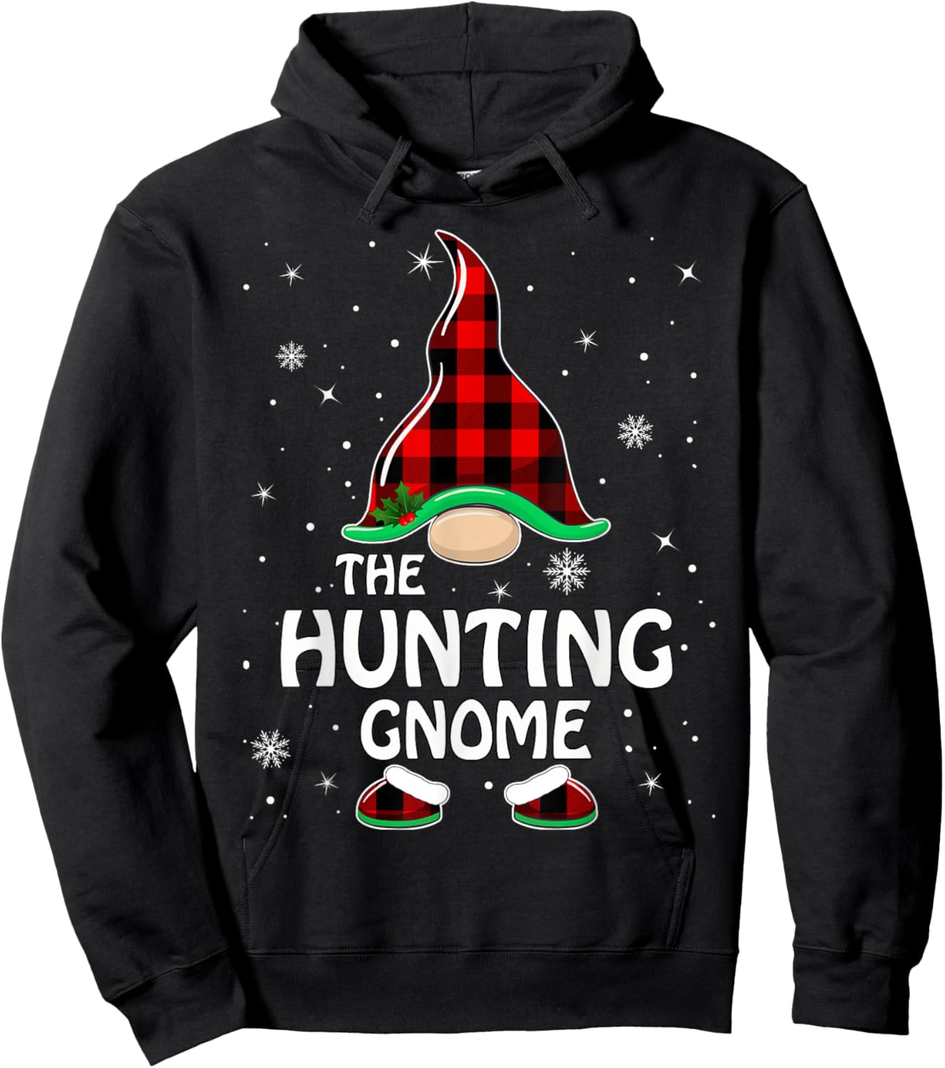 Hunting Gnome Buffalo Plaid Matching Family Christmas Pajama Hoodie - Hoodie | Black