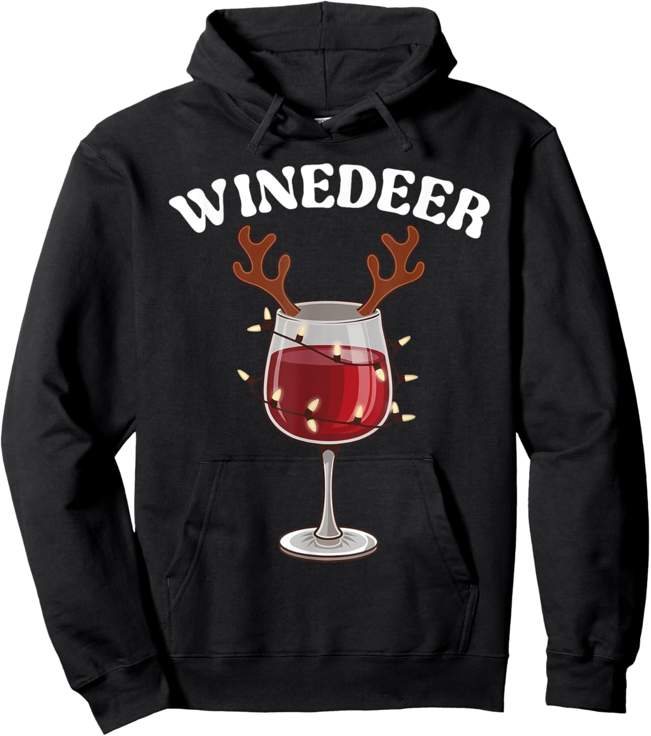 Funny Winedeer Reindeer Hat Santa Antlers Wine Glass Lights Hoodie - Hoodie | Black