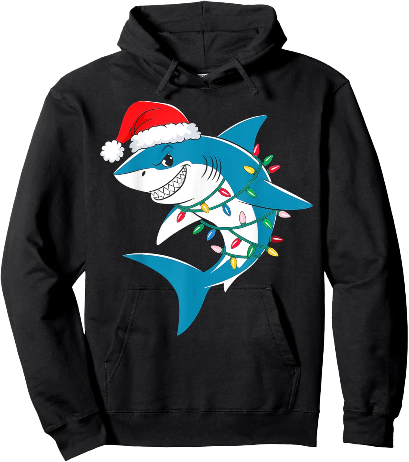 Shark Christmas Lights Santa Hat Xmas Pajama Boys Girls Kids Hoodie - Hoodie | Black