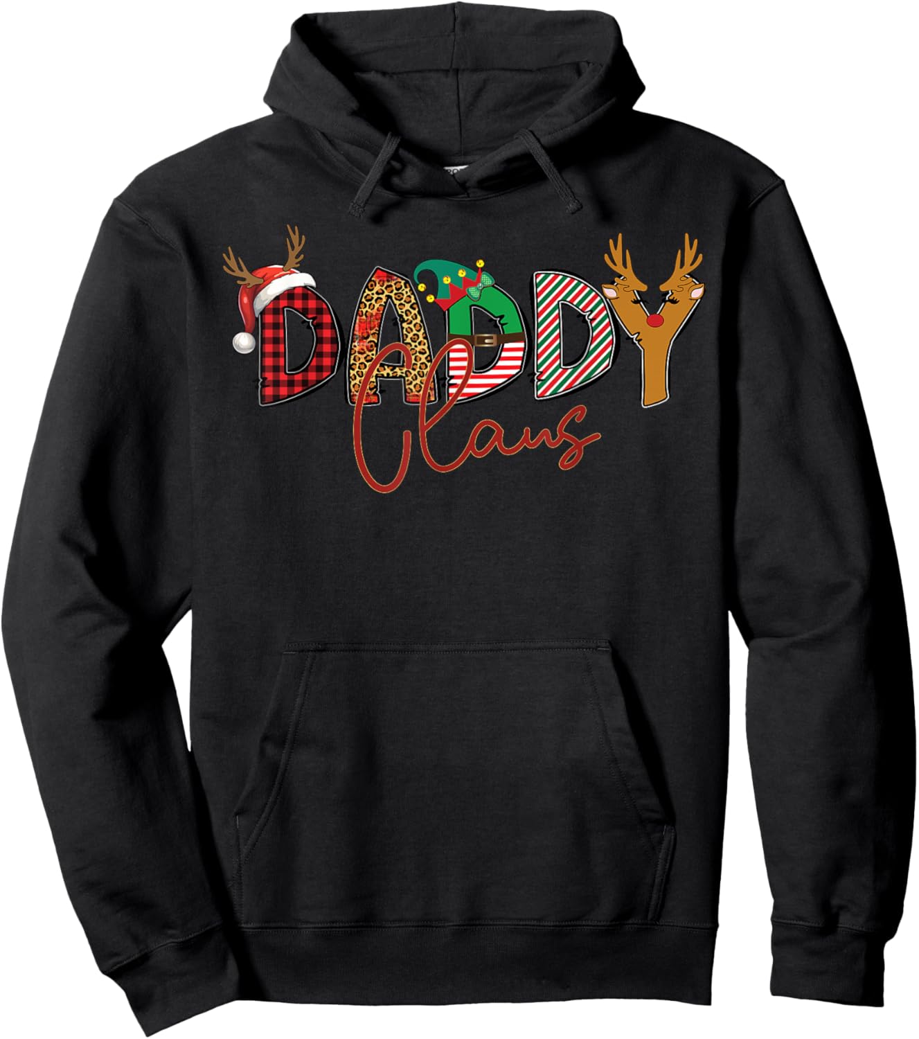 Daddy Claus Santa Hat Reindeer Leopard Plaid Matching Family Hoodie - Hoodie | Black