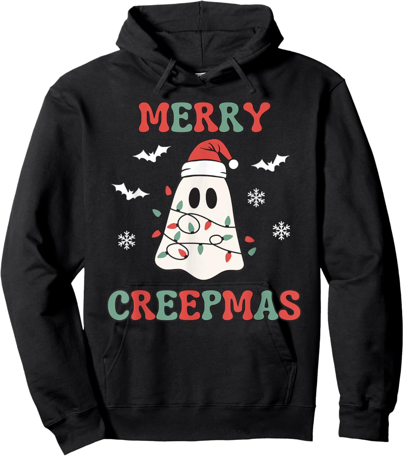 Merry Creepmas Christmas Ghost Wrapped in Lights Cute Kawaii Hoodie - Hoodie | Black
