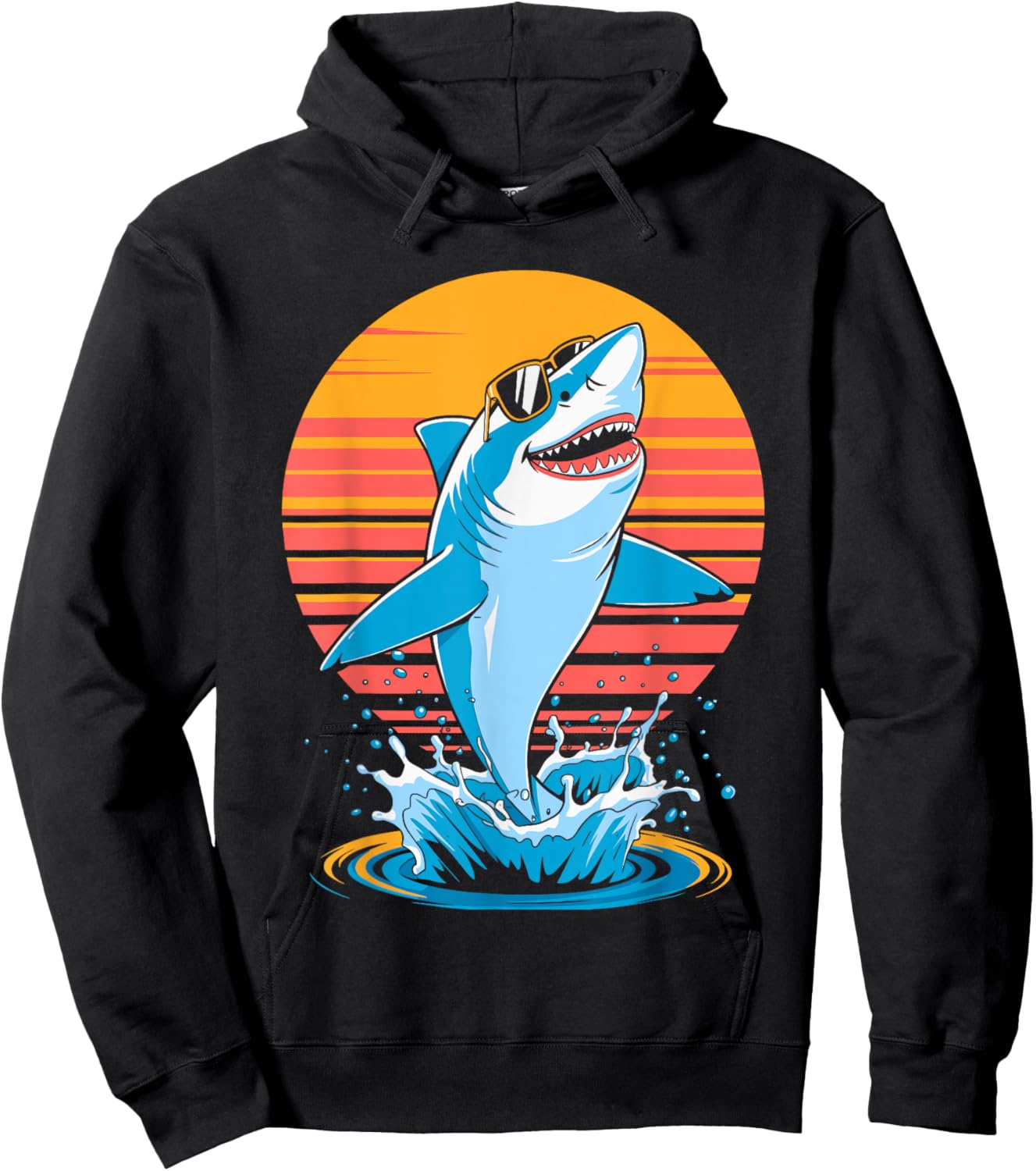 Retro Sunset Cool Shark in Sunglasses Funny Animal Sharks Hoodie - Hoodie | Black