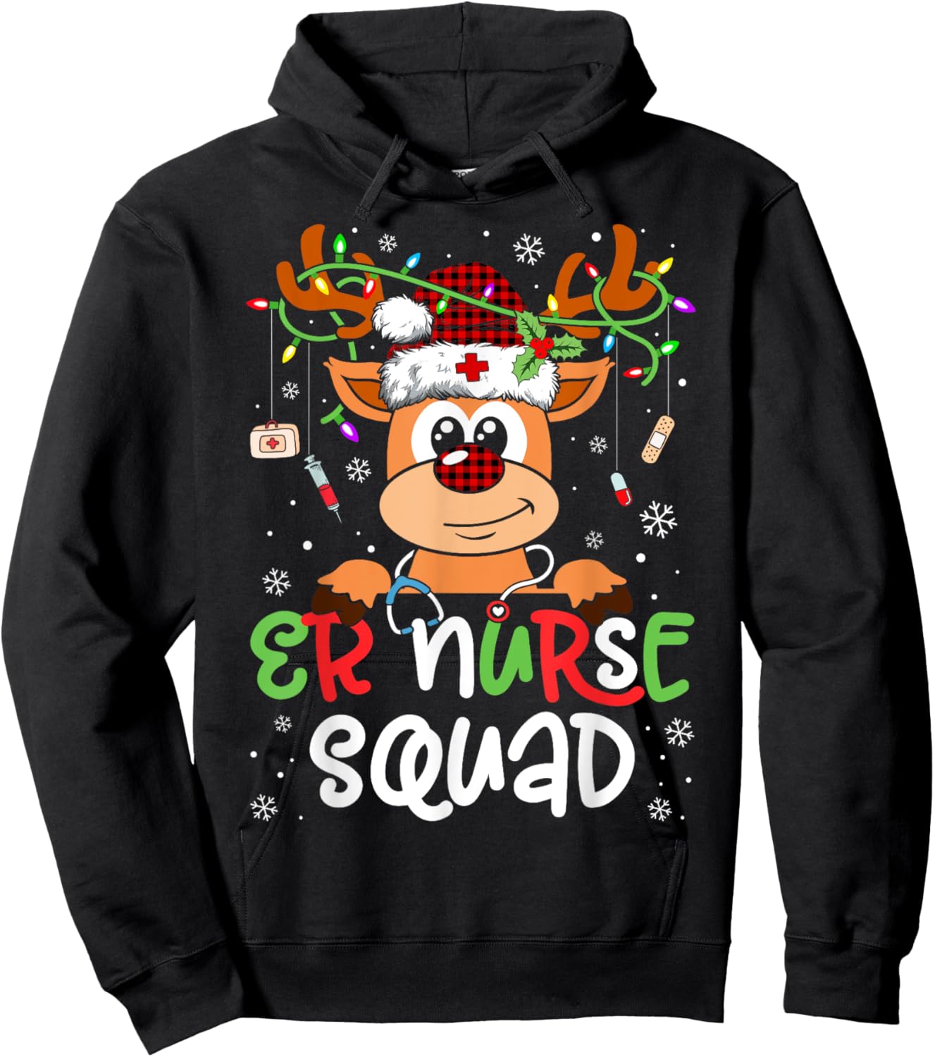 Reindeer Christmas ER Nurse Squad Stethoscope Nurse Hoodie - Hoodie | Black