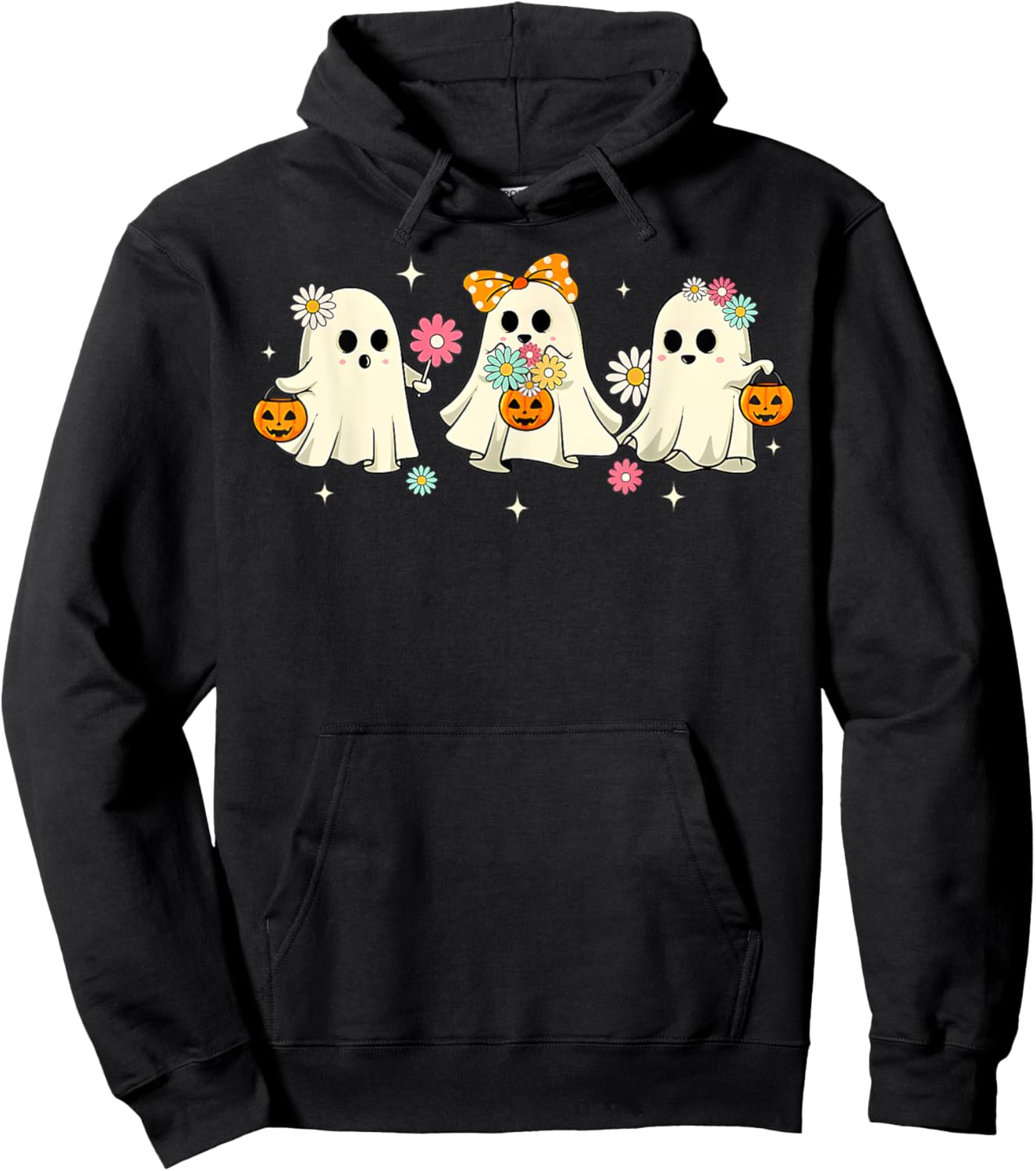 Cute Ghost Groovy Vintage Halloween Spooky Season Floral Hoodie - Hoodie | Black