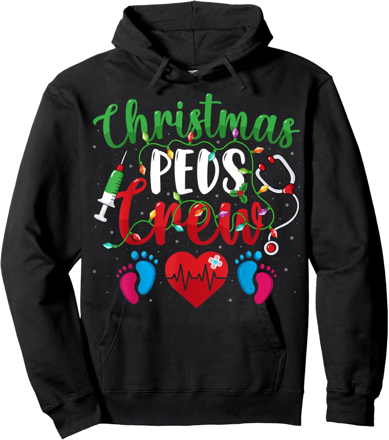 Christmas PEDS Crew Holiday Xmas Lights Pediatric Nurse Hoodie - Hoodie | Black